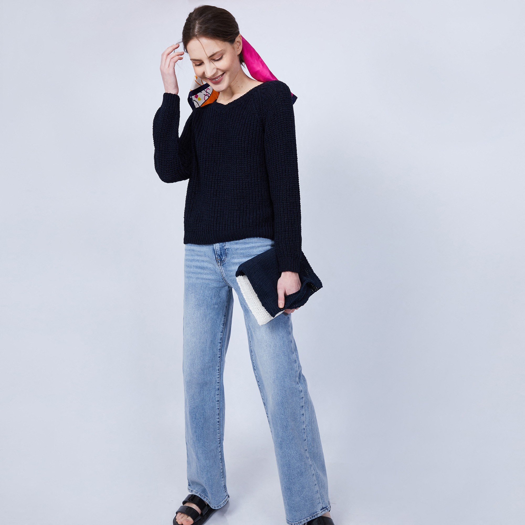 Pull côtelée col V - Charles 6440 marine - 05 Bleu marine