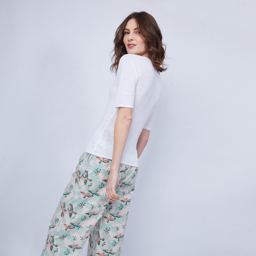 Camiseta de linho liso com decote em V - Mel