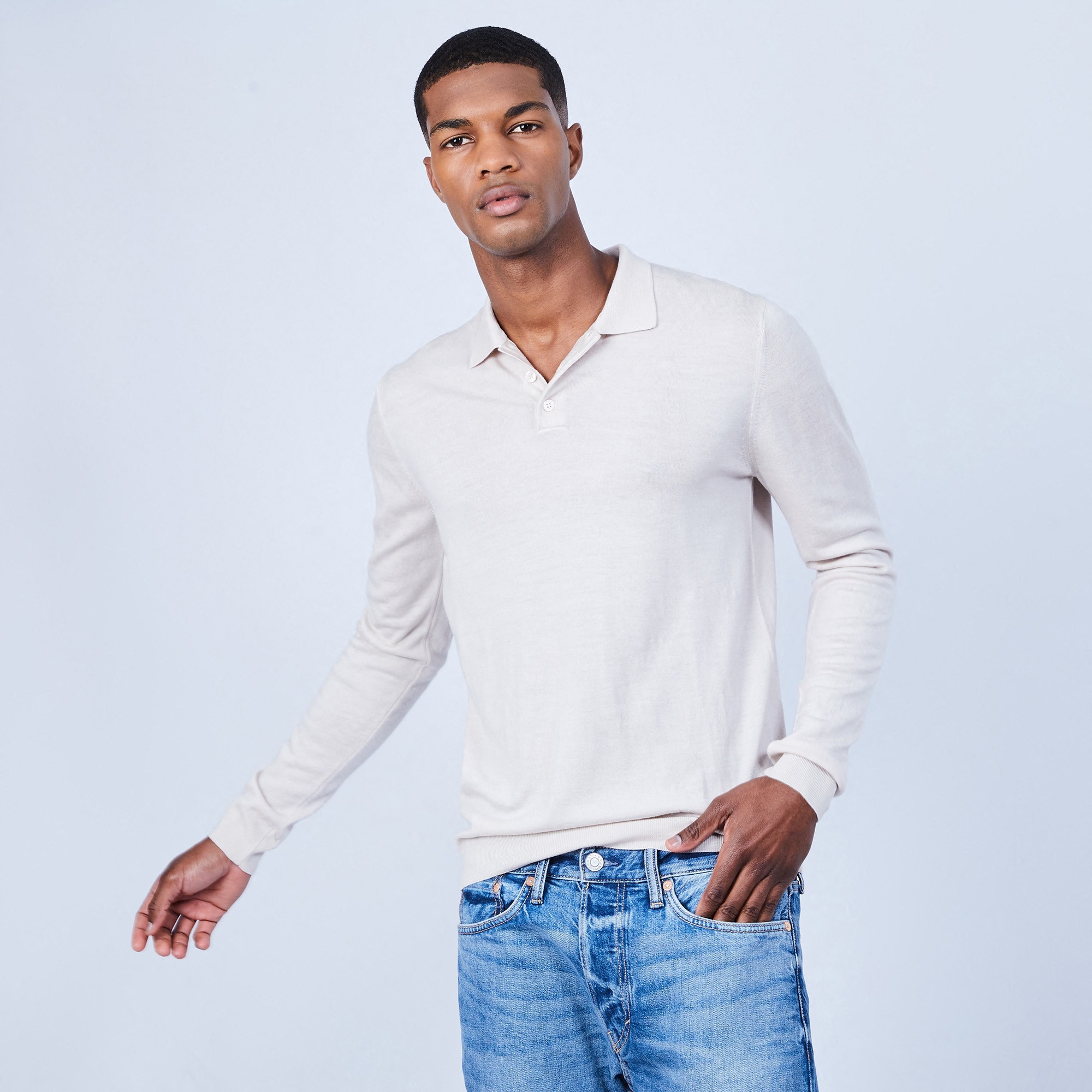 Pull col polo en laine mérinos - Lino 6401 dune - 12 Beige clair