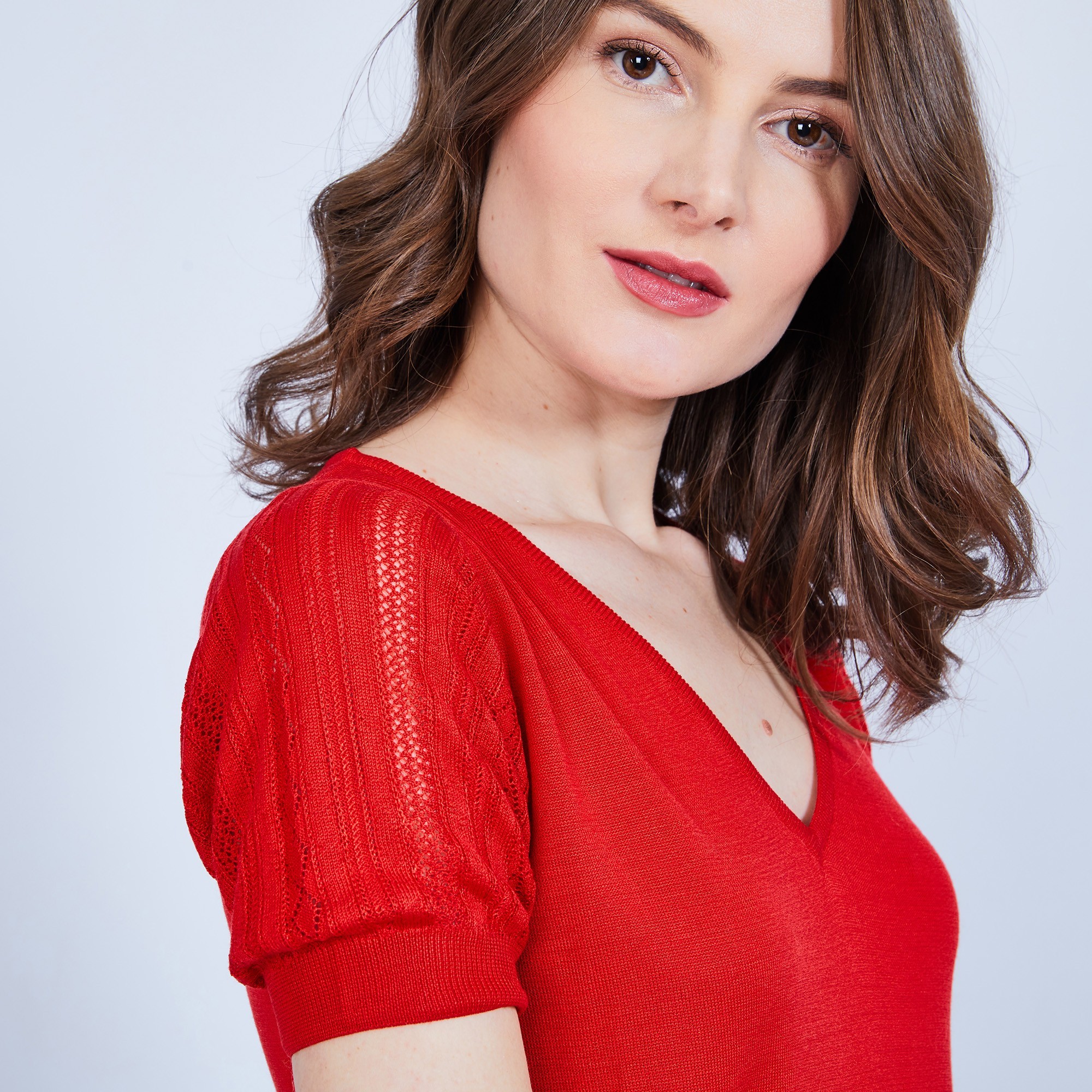 T-shirt col grand V en soie - Justice 6480 Vermillon - 52 rouge