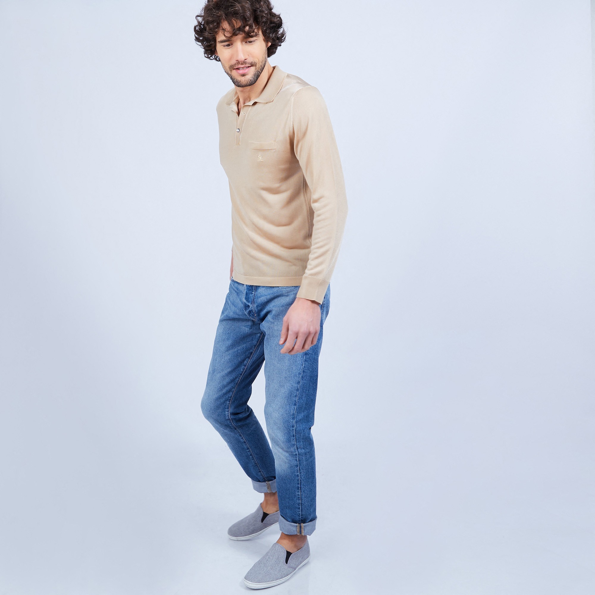 Polo manches longues homme en Fil Lumière Boris 4885 speculos - 13 Beige moyen