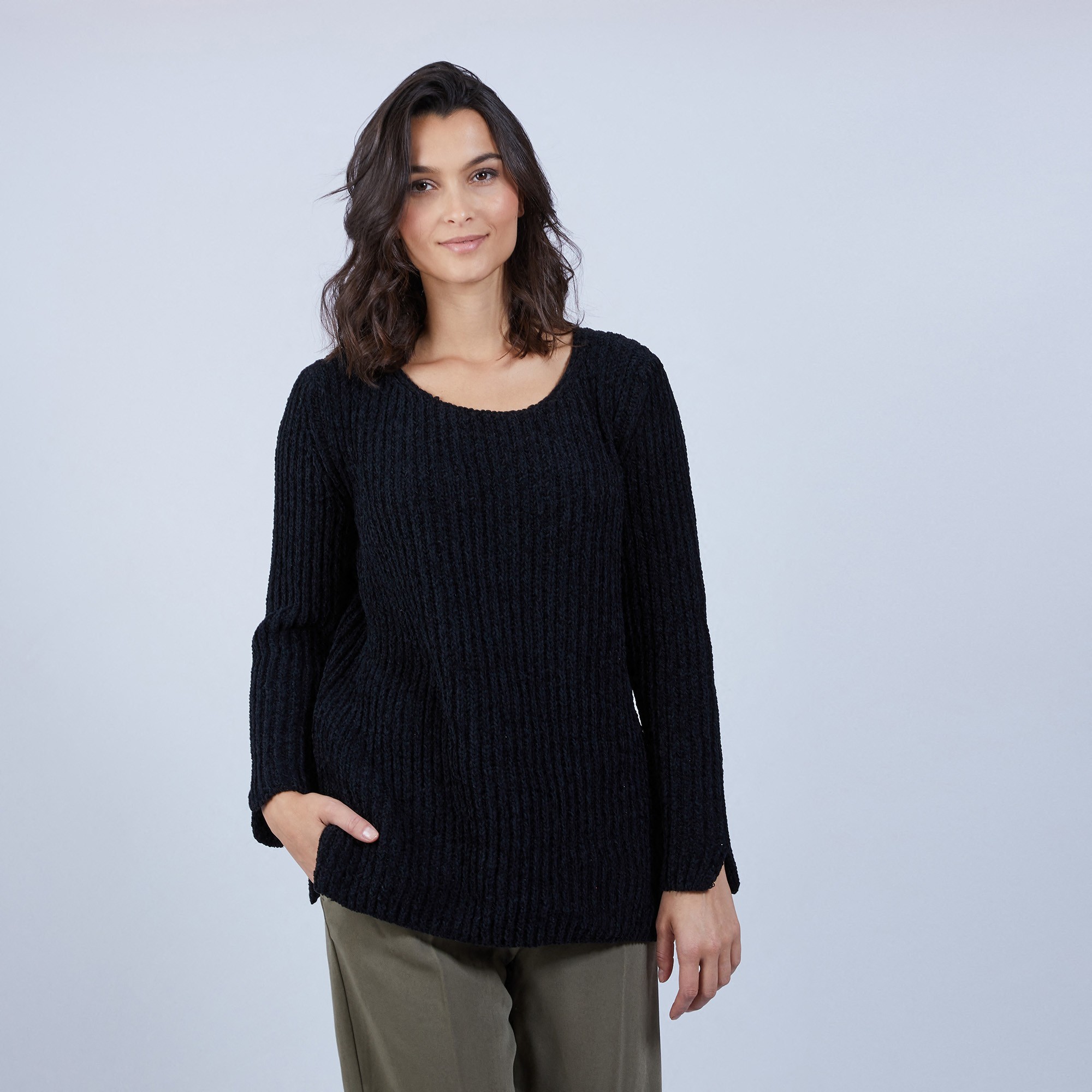 Pull avec fentes en soie et laine velours - Bonno 6610 noir - 01 Noir
