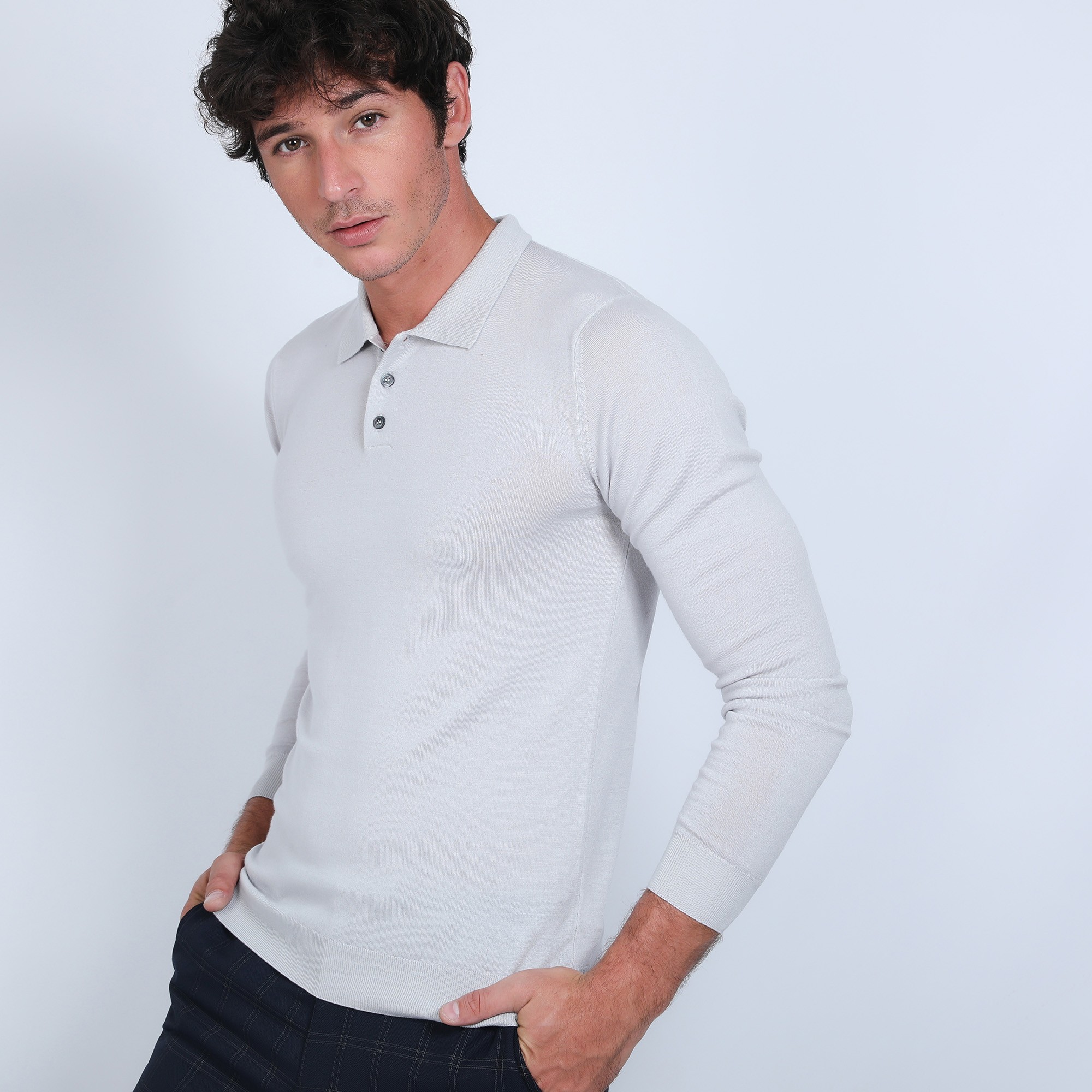 Pull col polo en laine mérinos - Beni 6612 gris clair - 11 gris clair