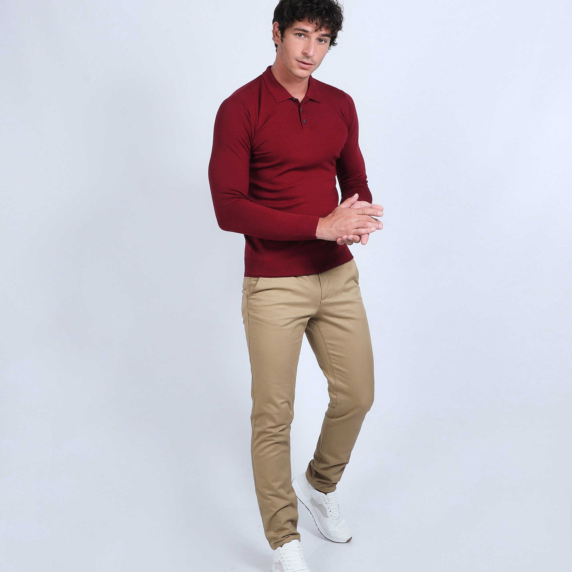 Pull col polo en laine mérinos - Beni 6681 rouge - 51 bordeaux