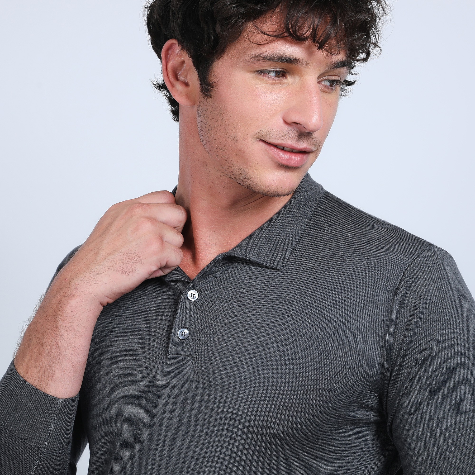 Pull col polo en laine mérinos - Beni 6611 gris anthracite - 10 gris foncé