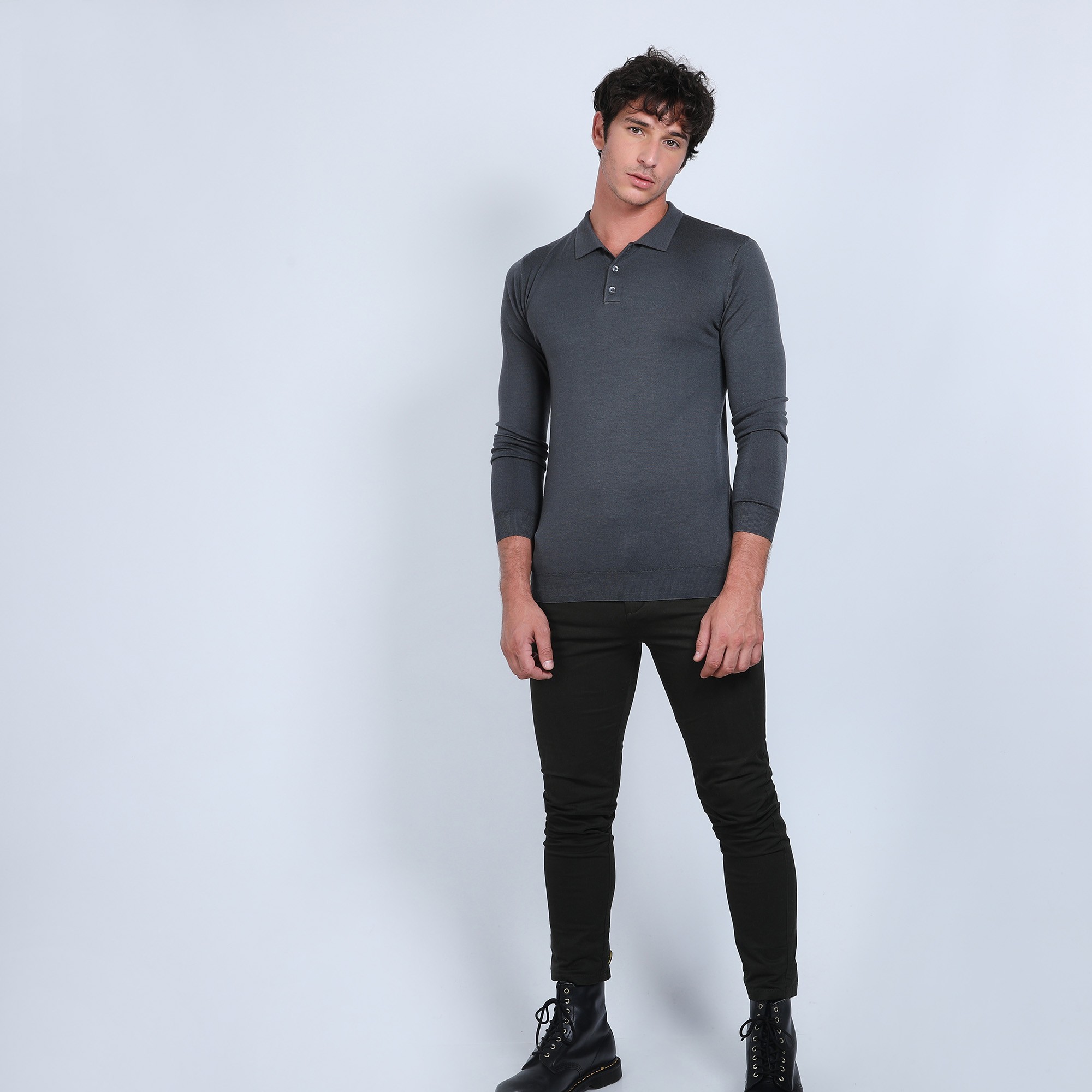 Pull col polo en laine mérinos - Beni 6611 gris anthracite - 10 gris foncé