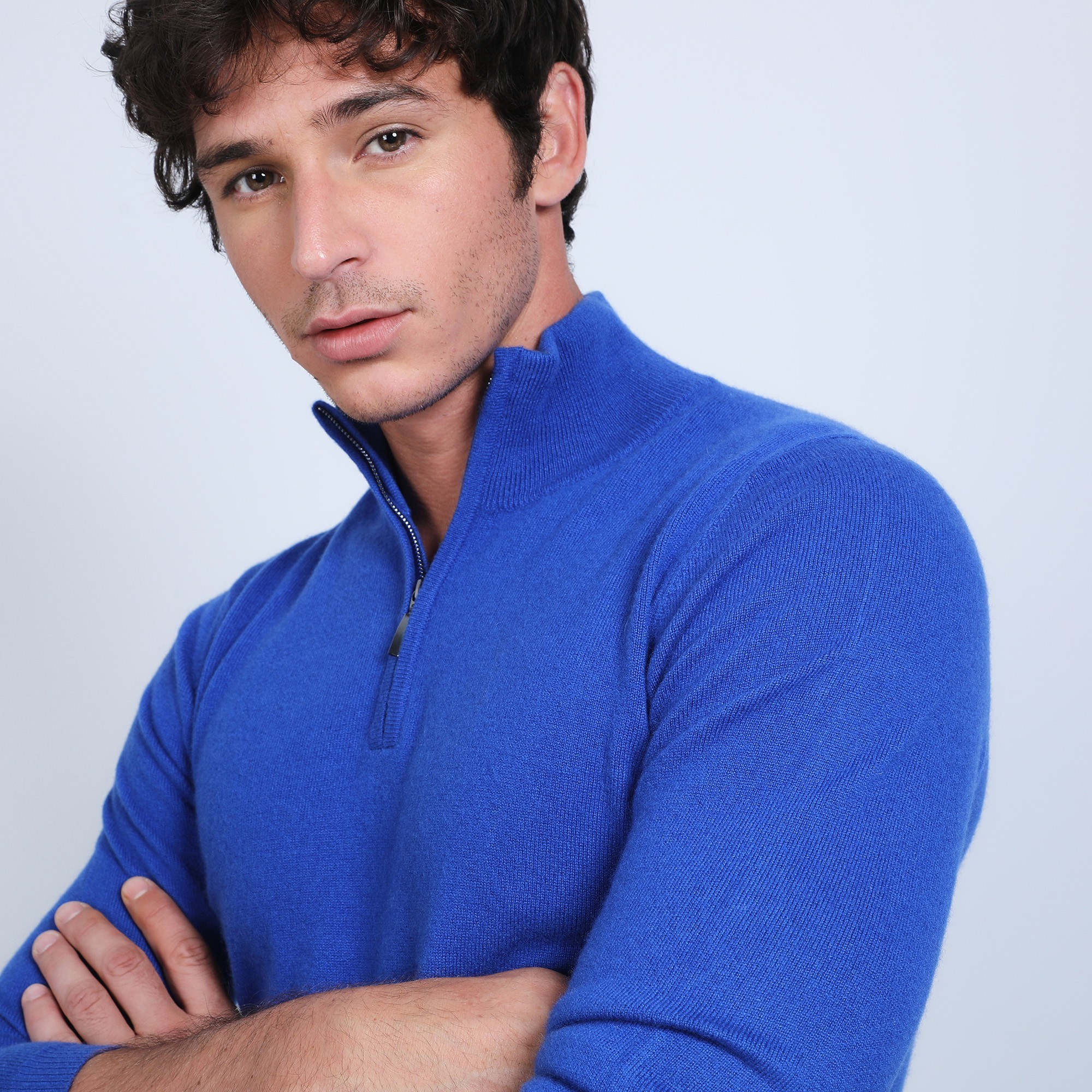 Pull col zippé en cachemire 2 fils - Blaise 6645 bleu dur - 48 bleu roi