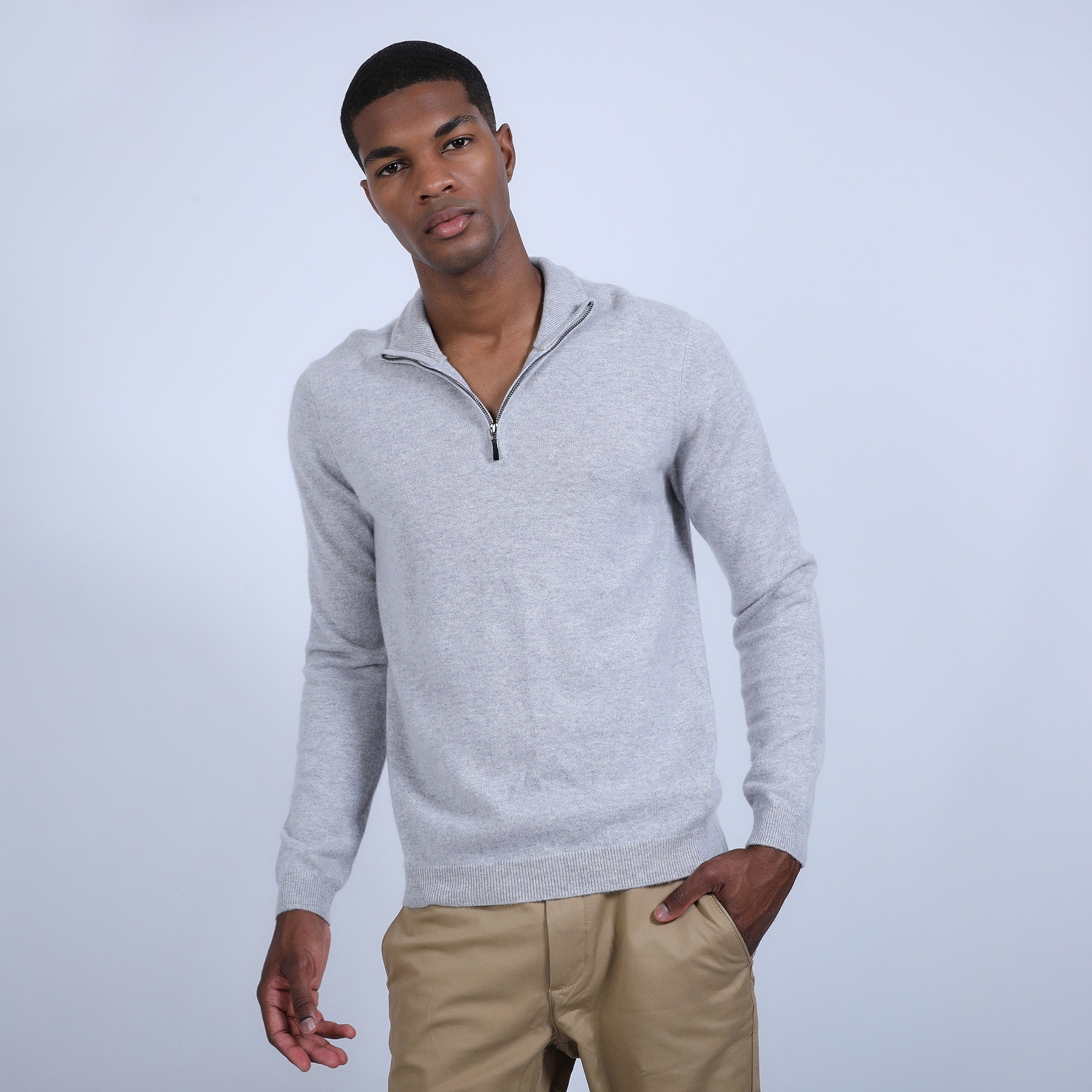 Pull col zippé en cachemire 2 fils - Blaise 6612 gris  - 11 gris clair
