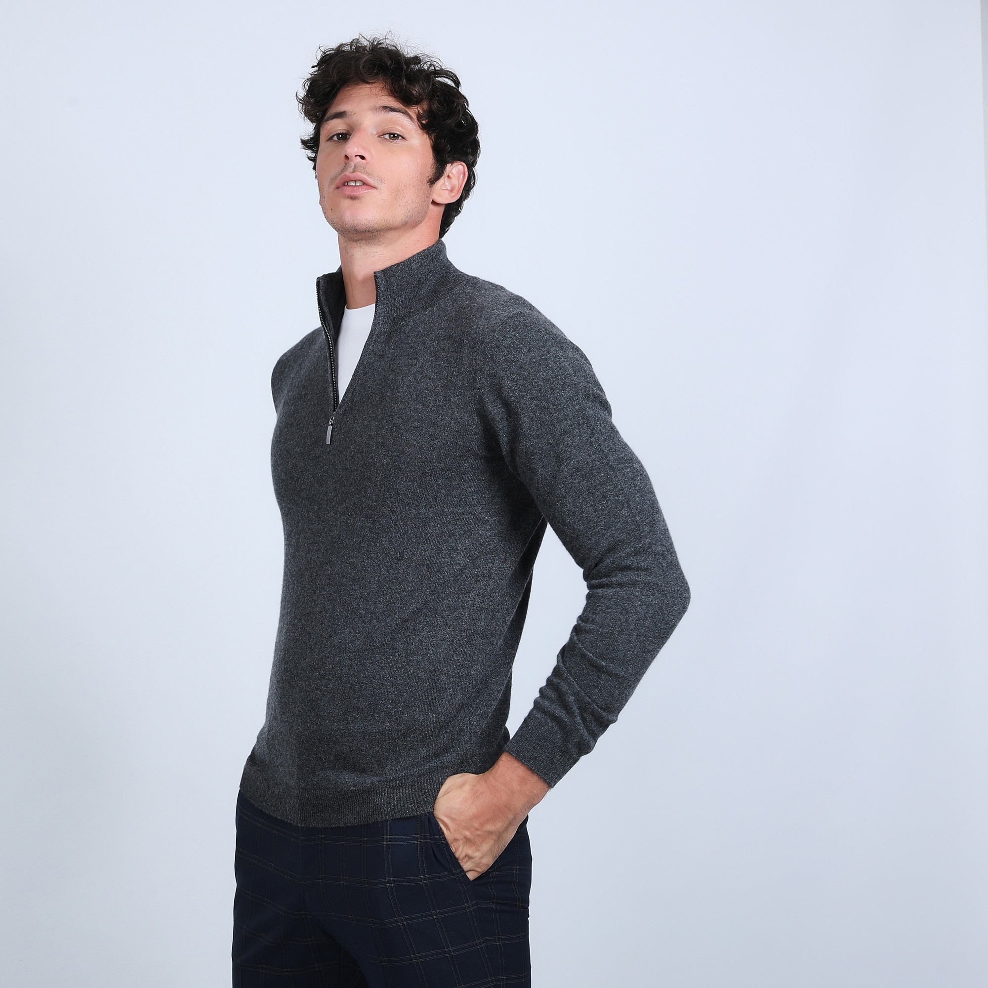 Pull col zippé en cachemire 2 fils - Blaise 6611 gris anthracite - 10 gris foncé