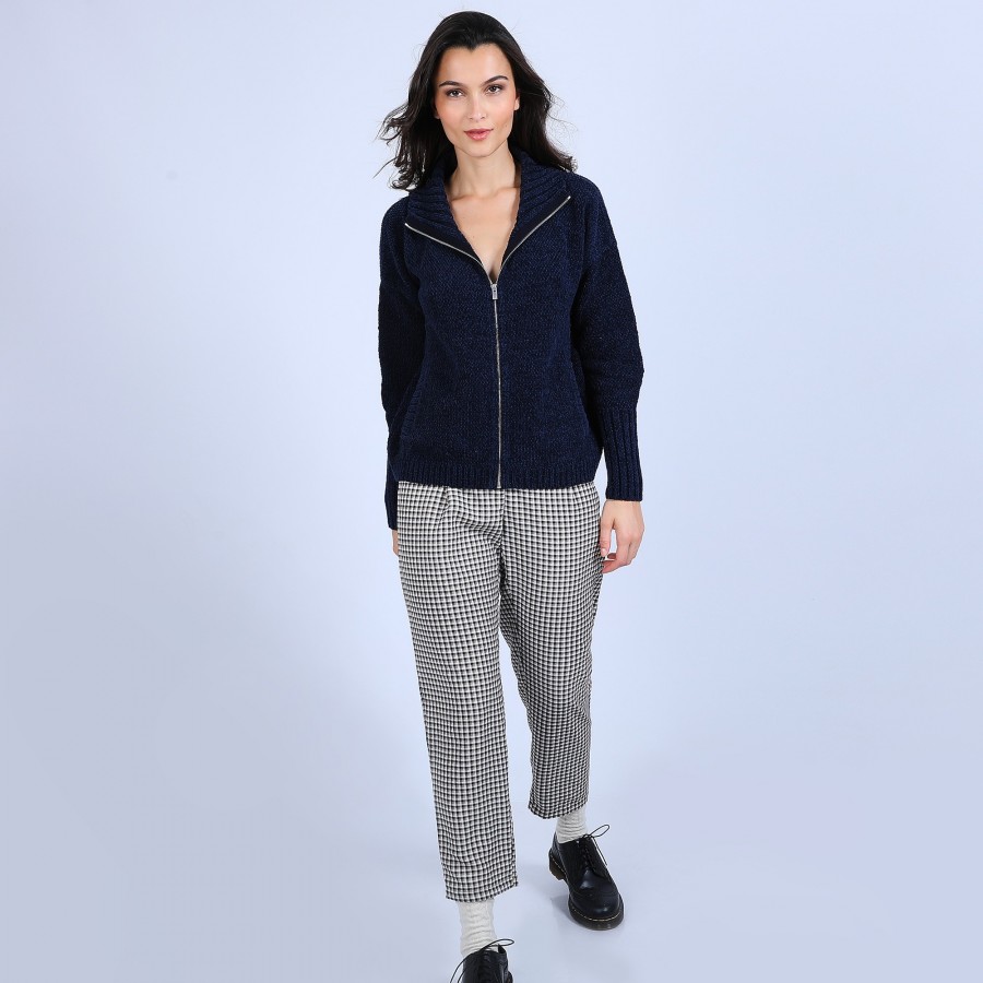 High-neck cardigan in wool and silk velour - Brésil