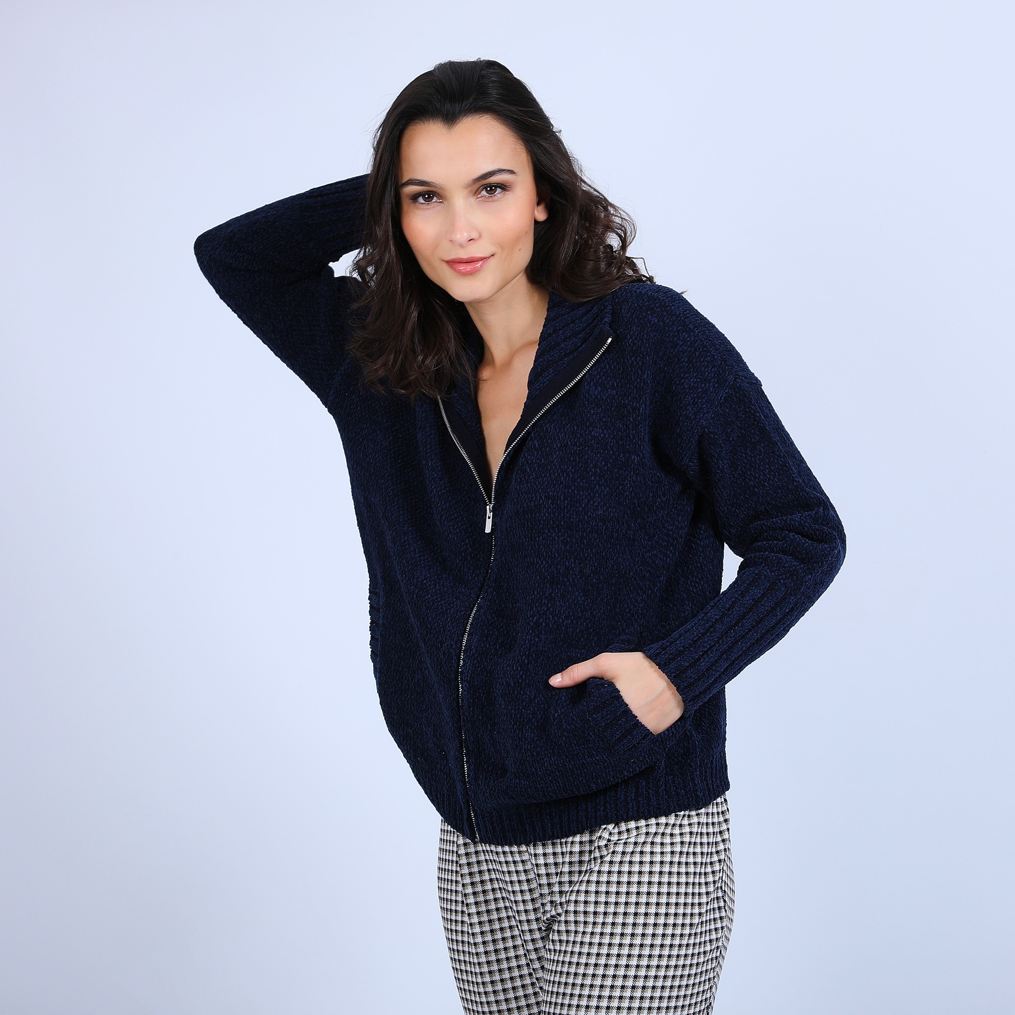Gilet col montant en soie et laine velours - Bresil 6640 marine - 05 Bleu marine