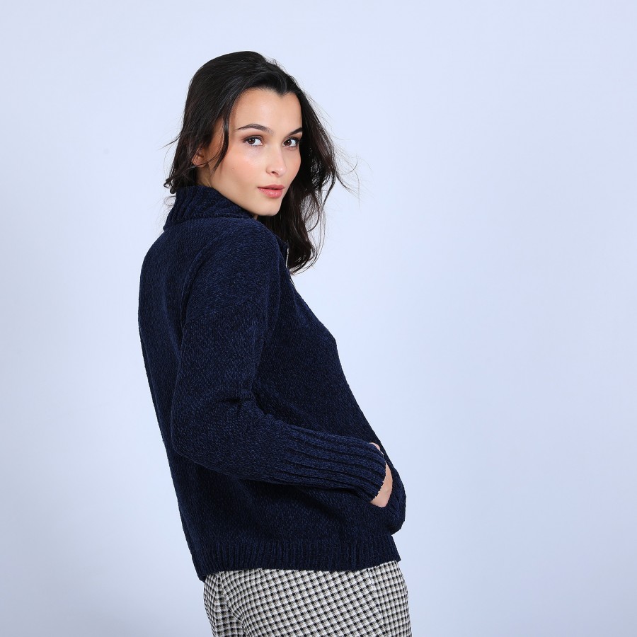 High-neck cardigan in wool and silk velour - Brésil