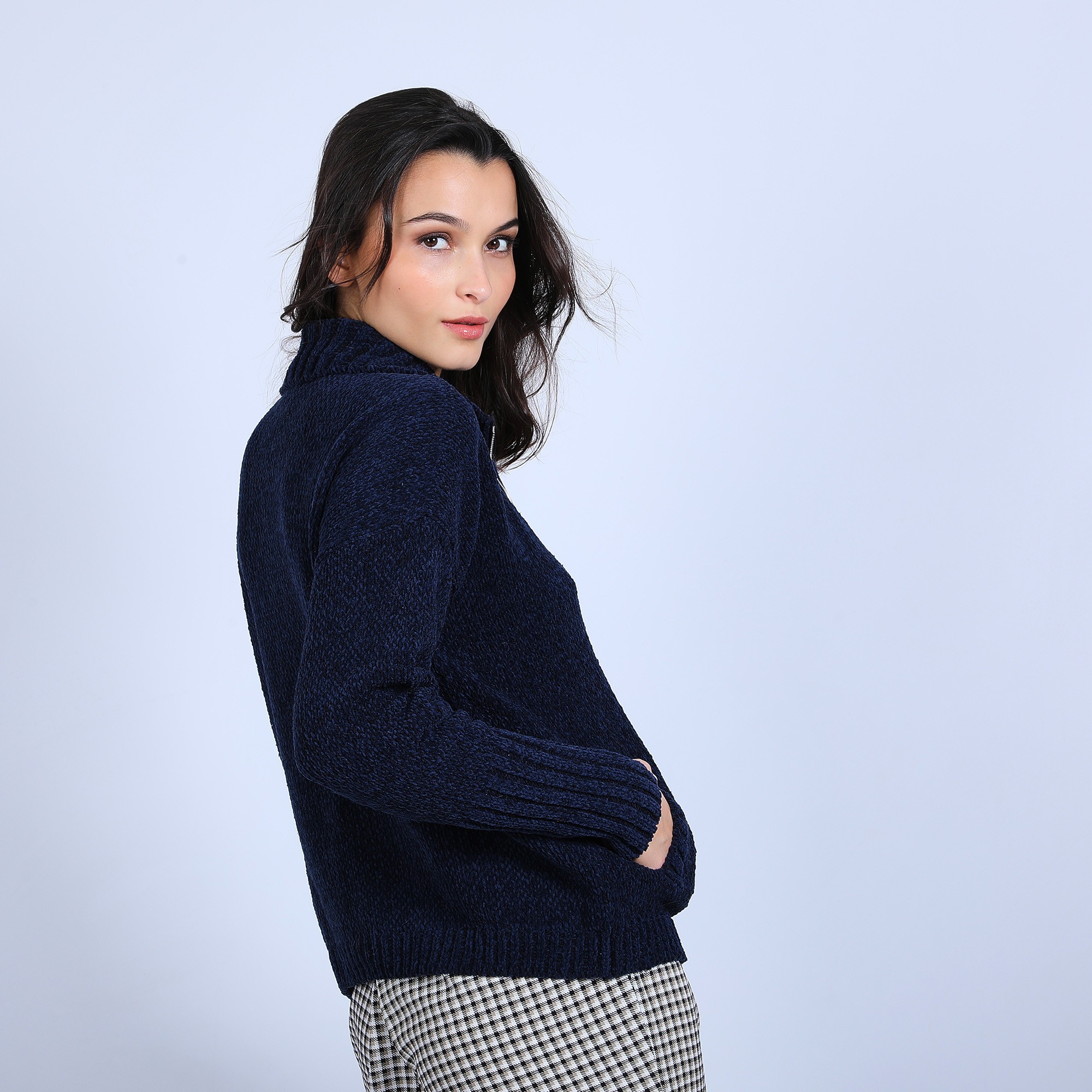 Gilet col montant en soie et laine velours - Bresil 6640 marine - 05 Bleu marine