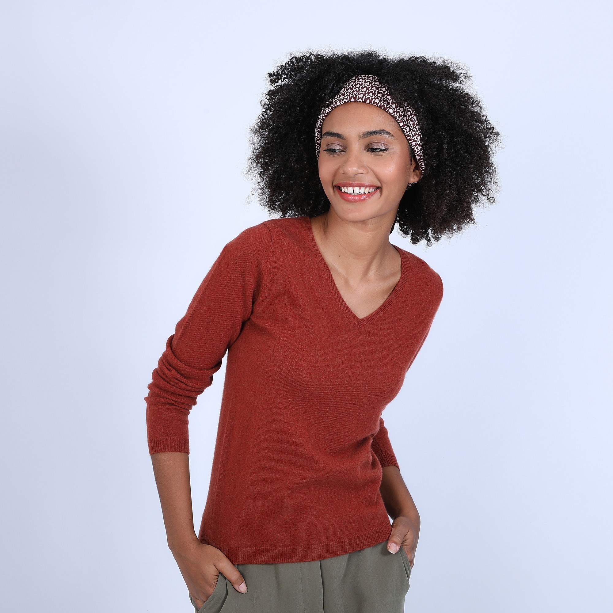 Pull col V en cachemire - Bijou 6682 tomette - 46 Marron clair