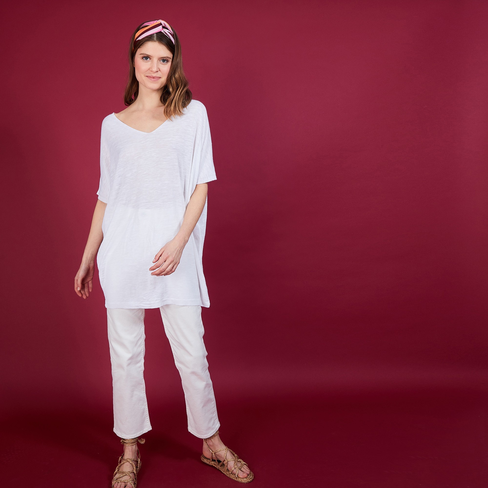 T-shirt long en lin flammé - Bil 6800 blanc - 02 Blanc