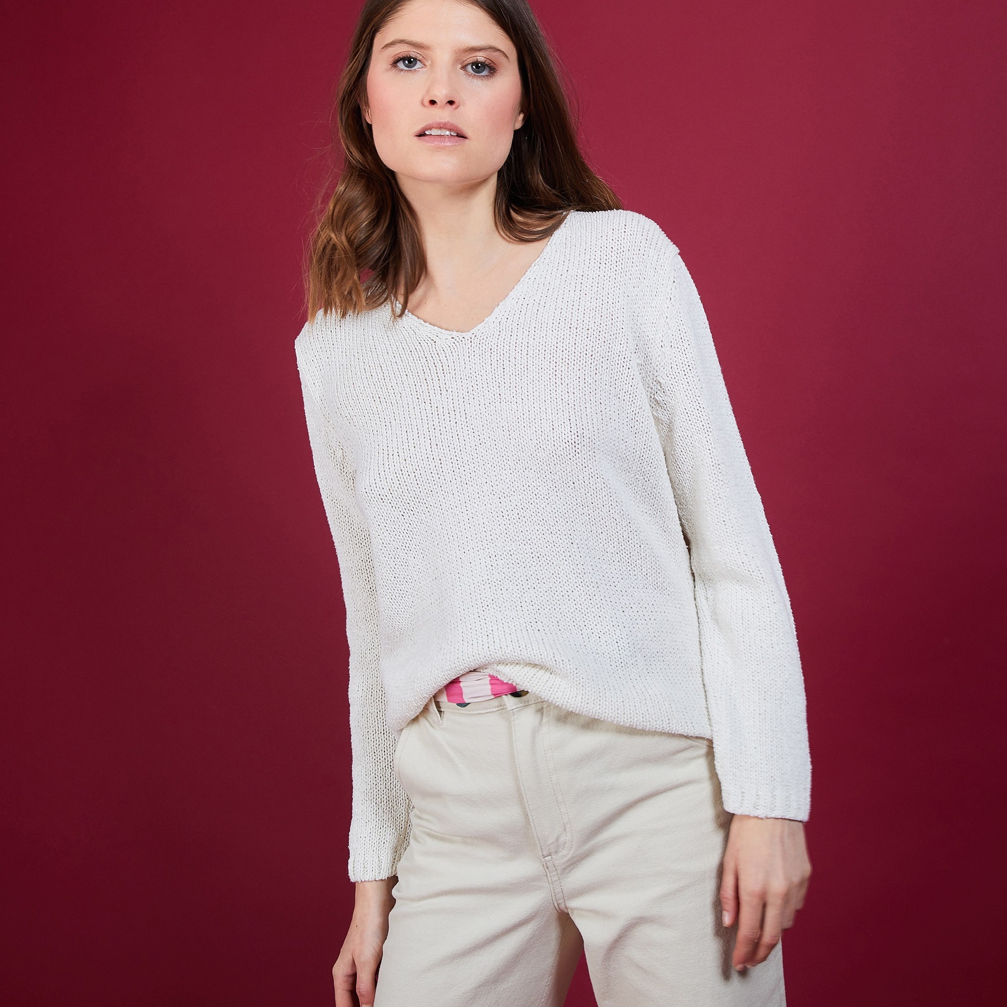 Pull col V en soie coton et laine - Blovis 6800 blanc - 82 Ecru