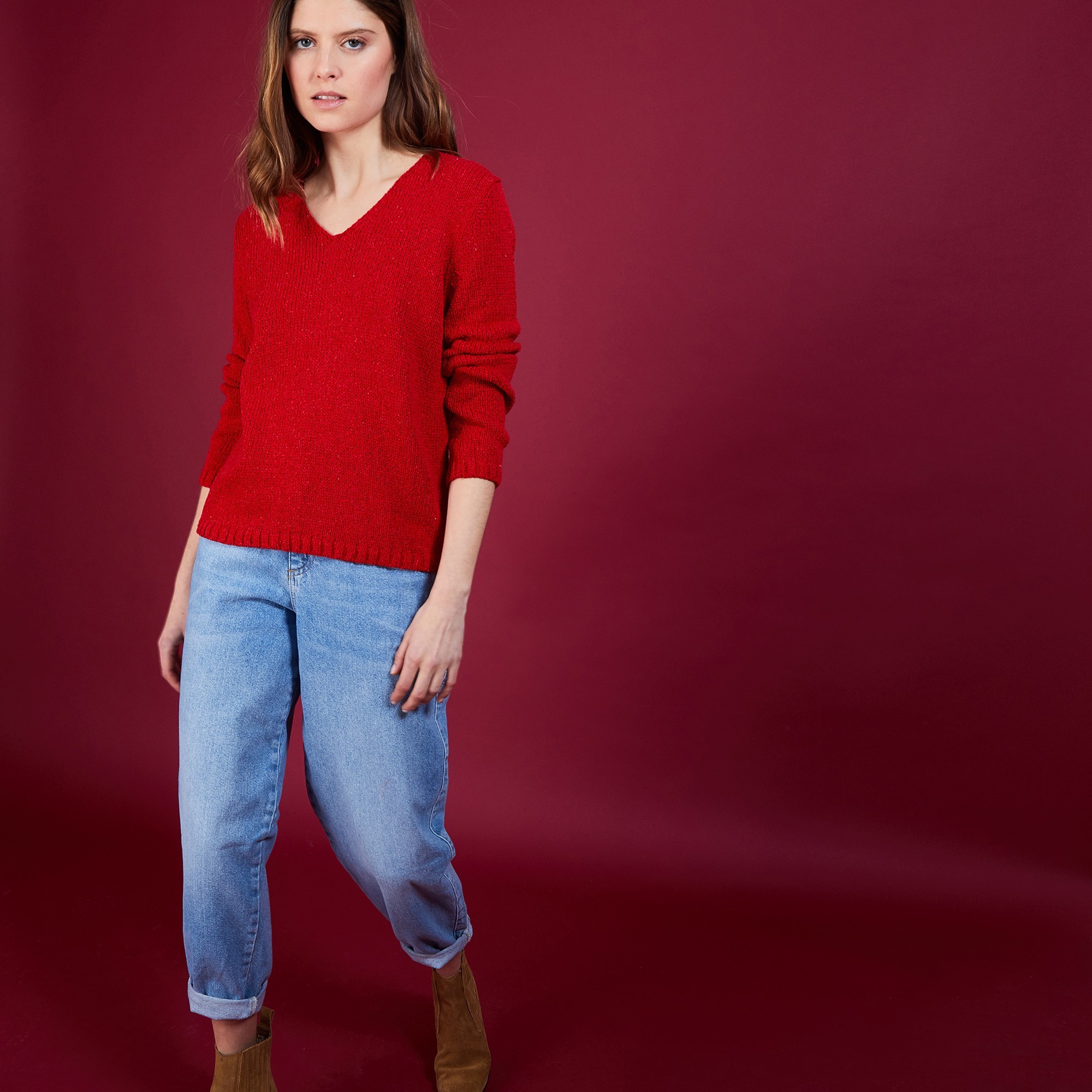 Pull col V en soie coton et laine - Blovis 6880 pavot - 52 Rouge