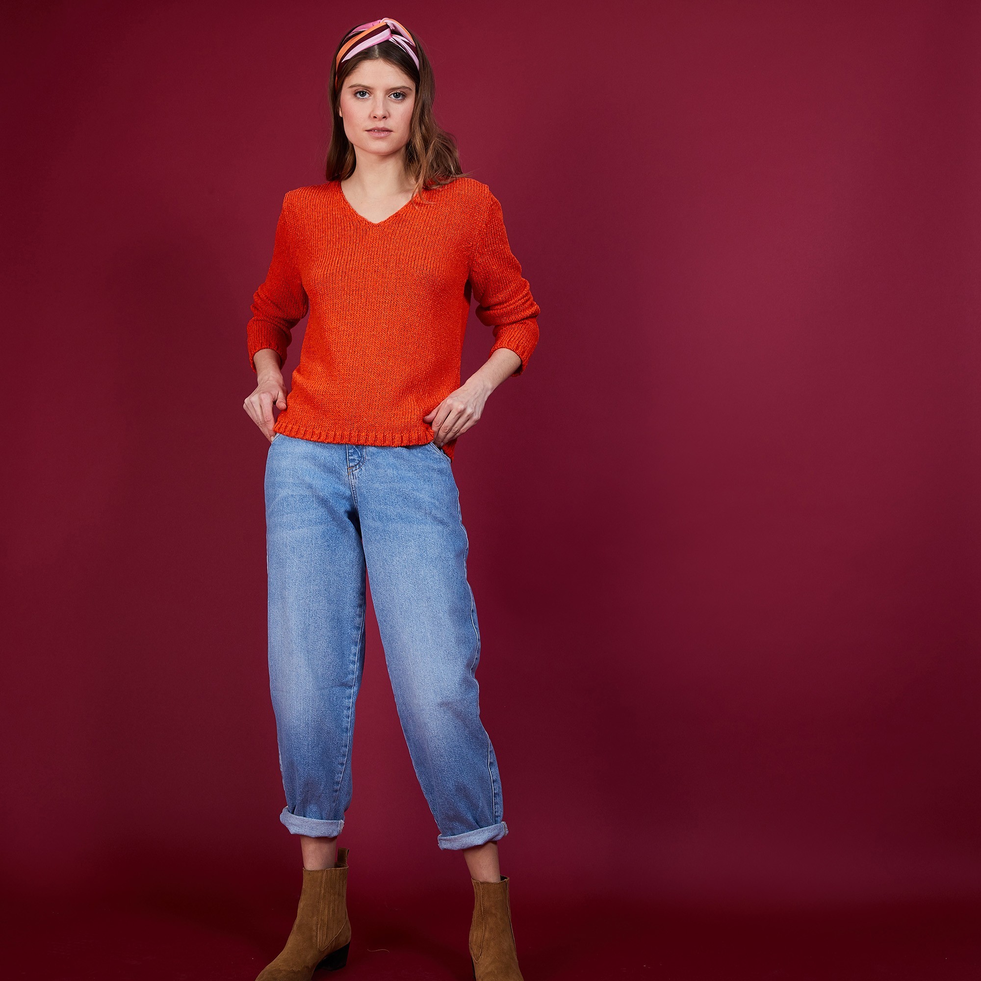 Pull col V en soie coton et laine - Blovis 6883 flamine - 15 Orange