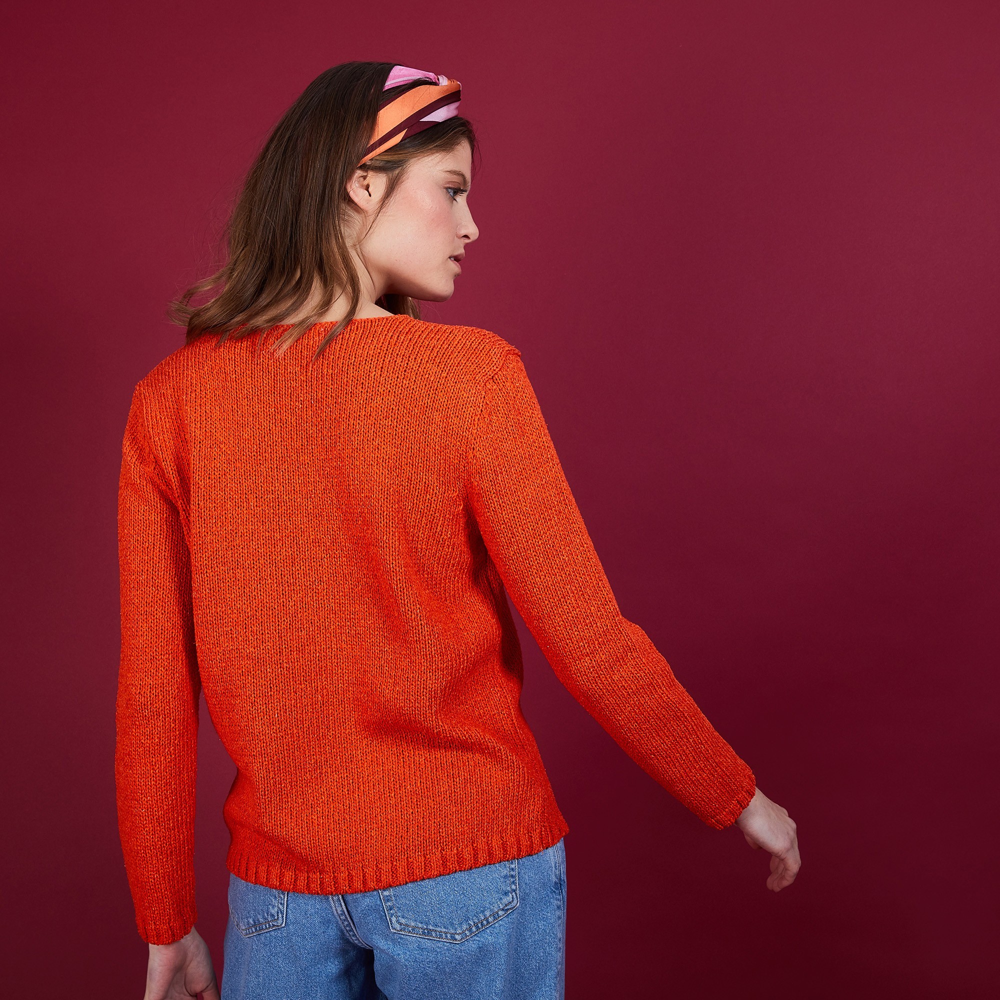 Pull col V en soie coton et laine - Blovis 6883 flamine - 15 Orange