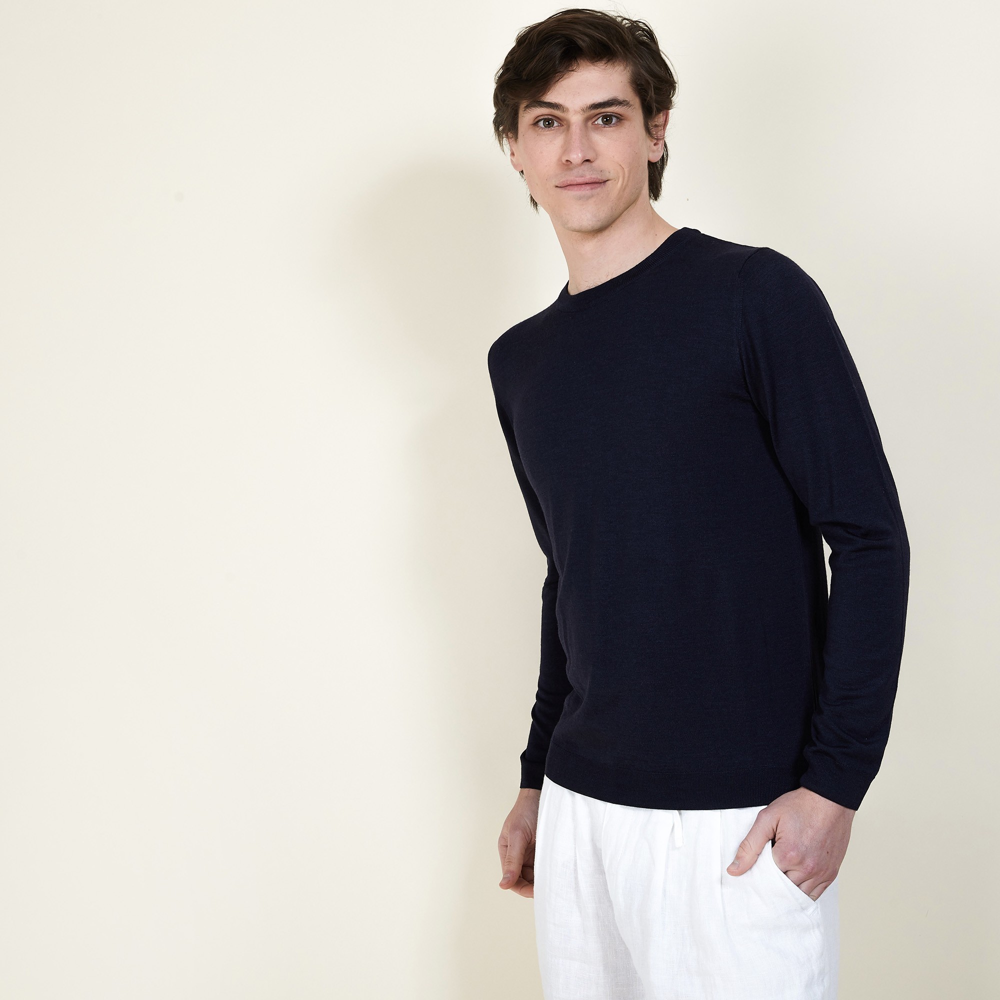 Pull col rond en laine et soie - Barsam 6840 marine - 05 Bleu marine