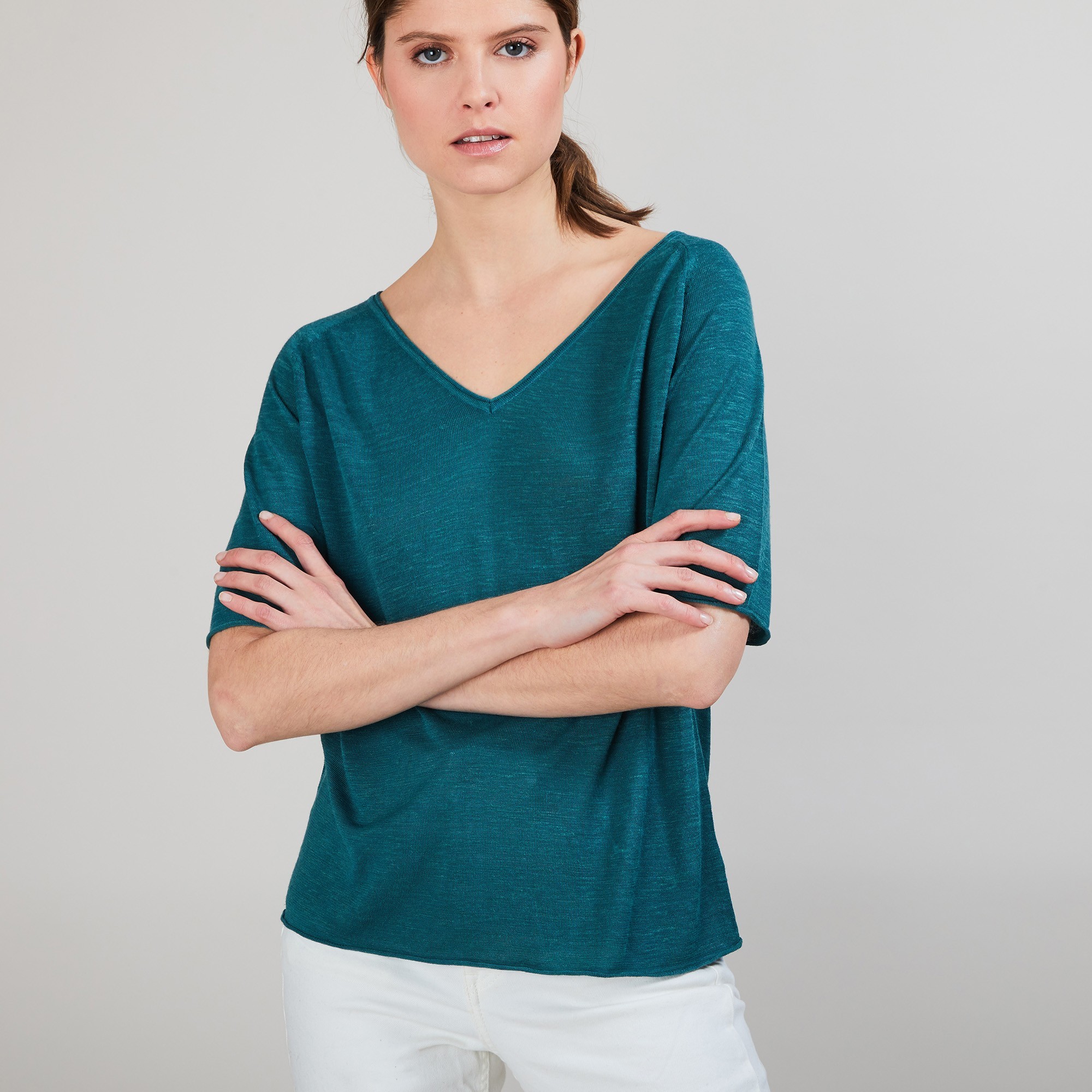 T-shirt en lin manches coudes - Bonbon 6850 meleze - 21 Vert foncé