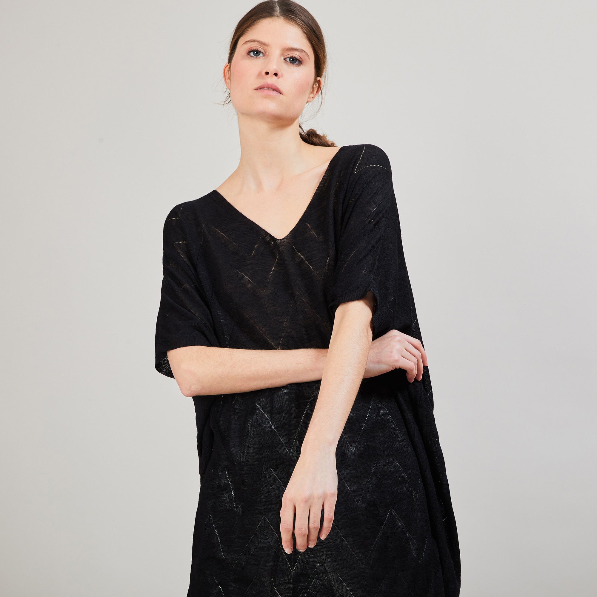 Longue tunique en lin flammé - Carl 6810 noir - 01 Noir