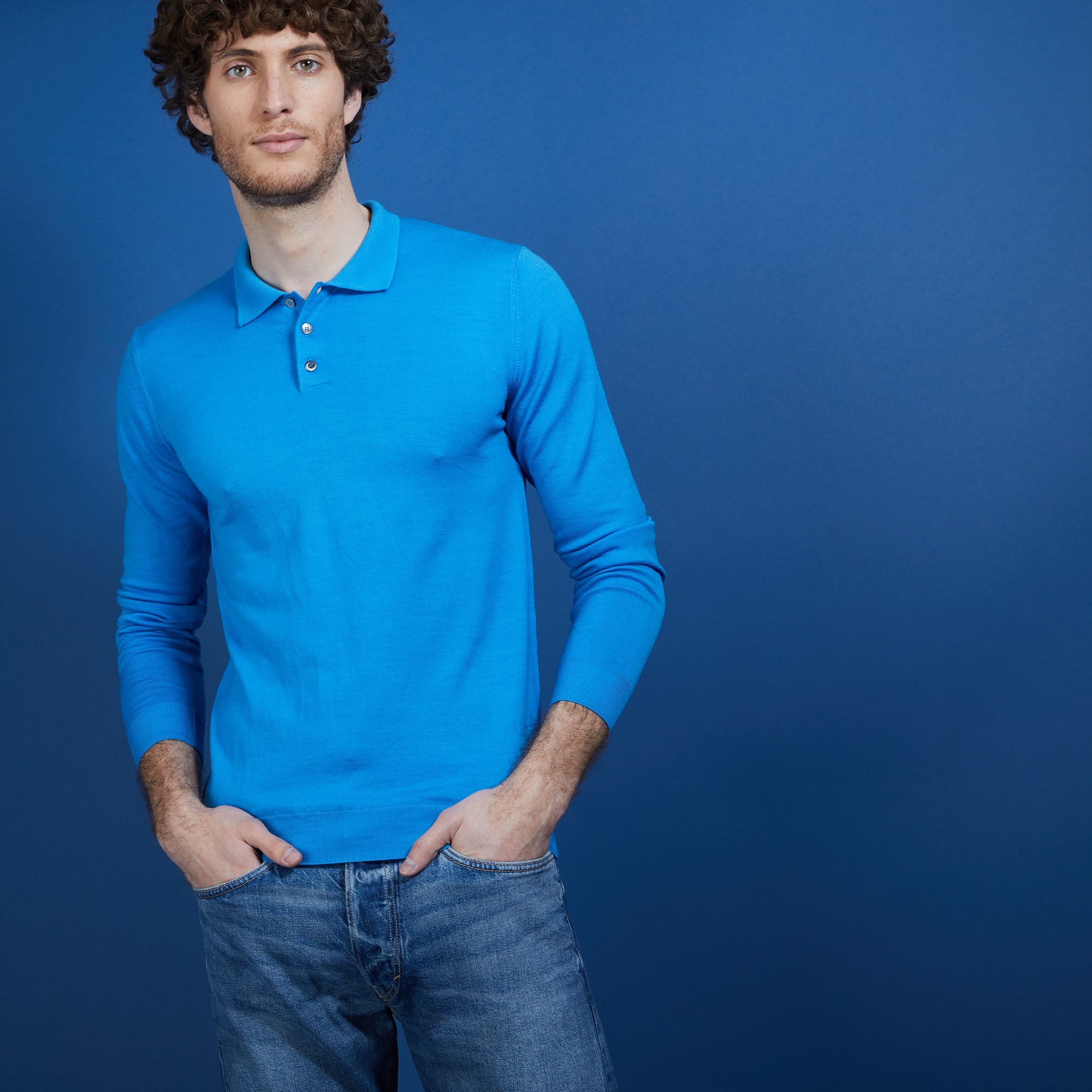 Pull col polo en 100% laine mérinos - Beni 6843 azur - 06 Bleu moyen