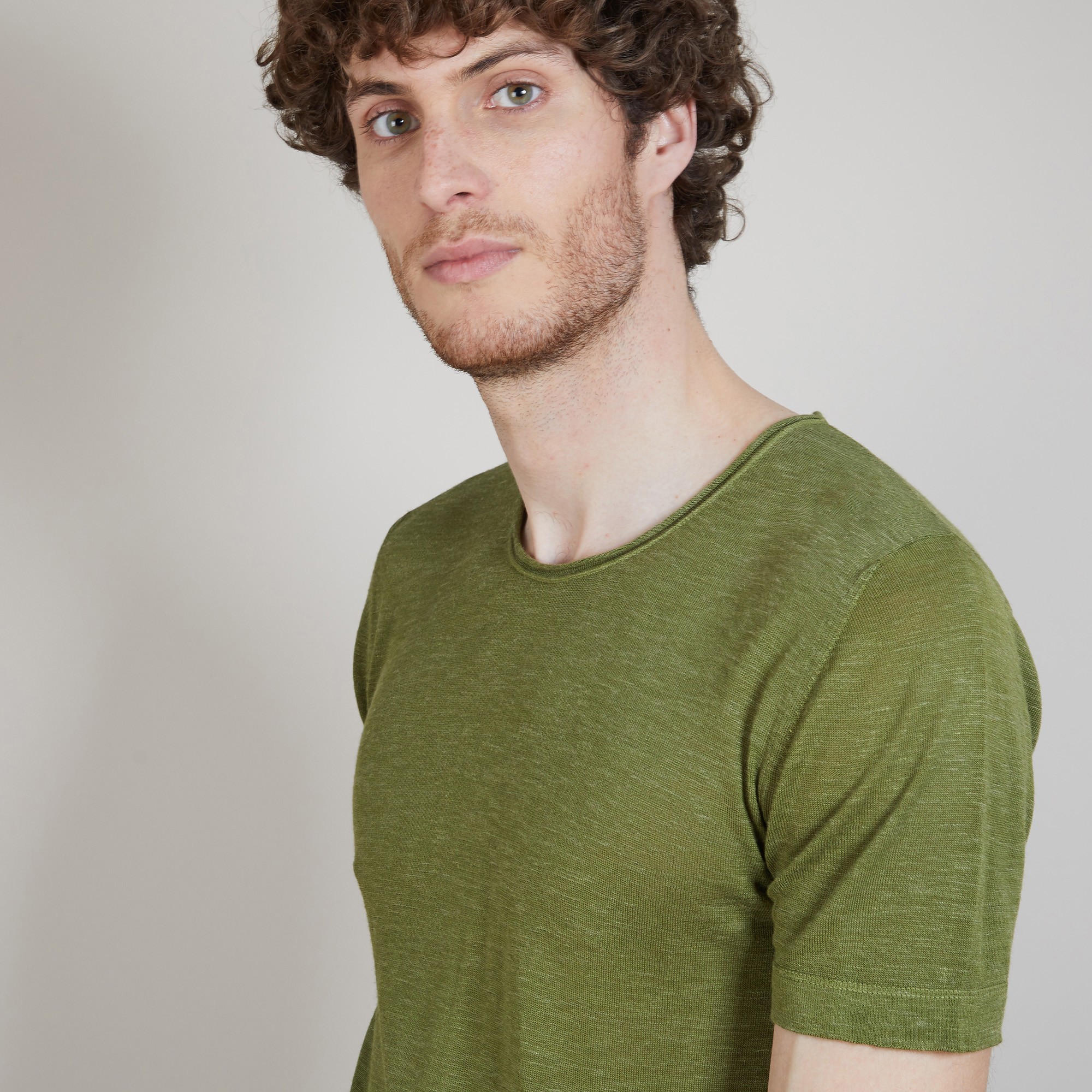 T-shirt col rond en lin flammé - Boséa 6851 maquis - 83 Kaki