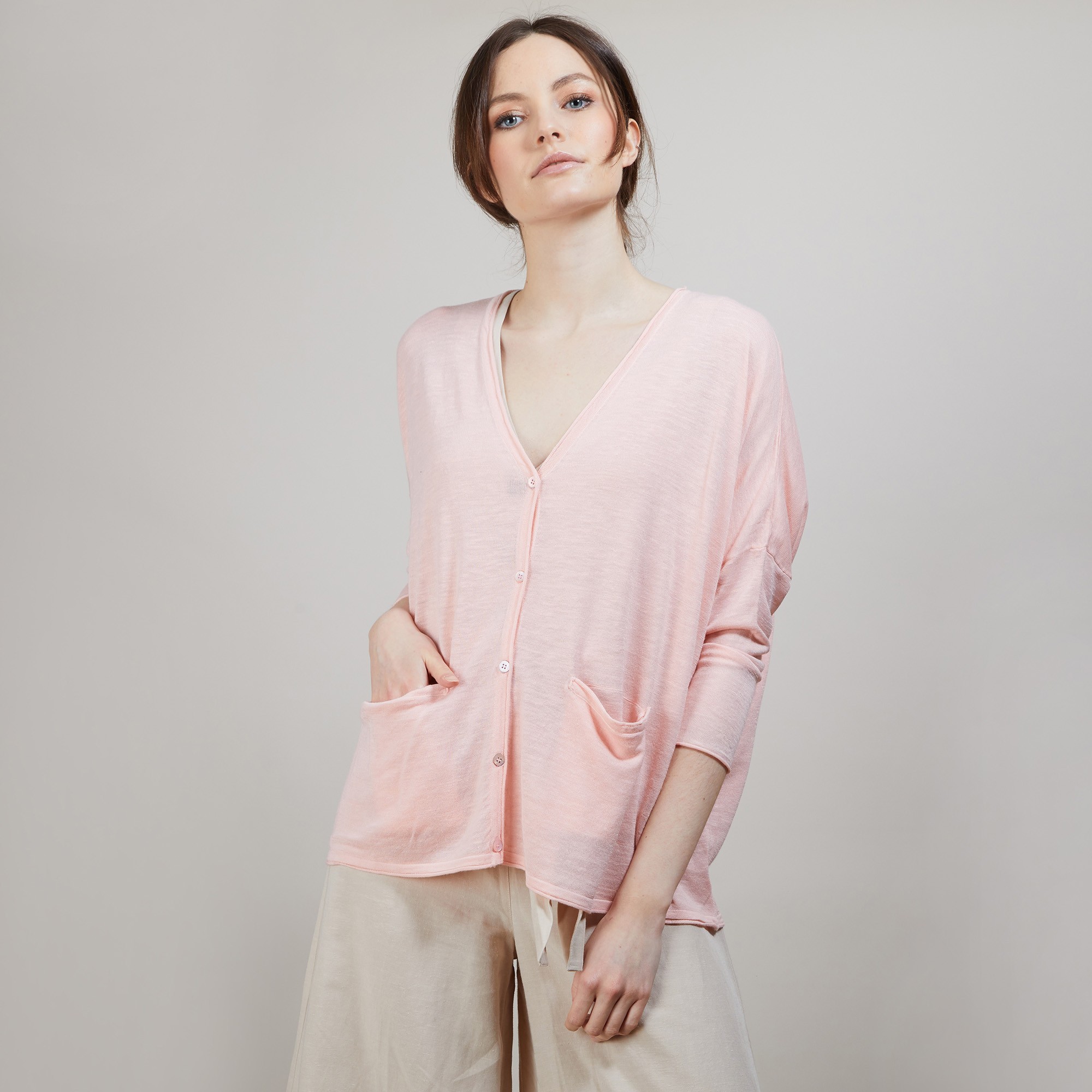 Long gilet en lin - Ballon 6882 AUBEPINE 24 ROSE CLAIR