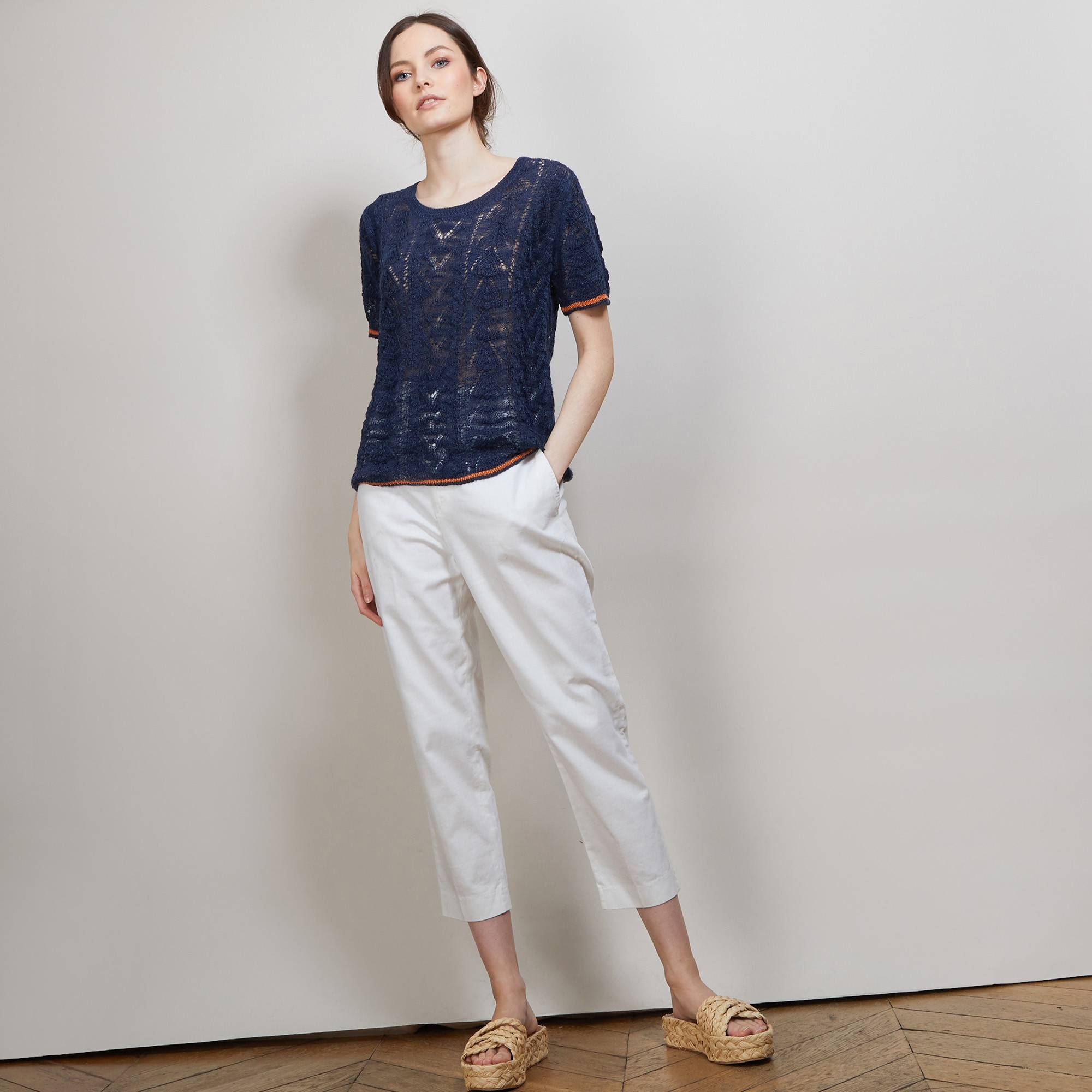 T-shirt tricoté en maille crochet - Claus 6980 marine/flamine - 05 Bleu marine