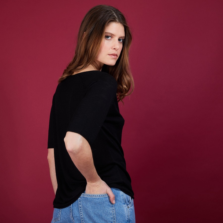 Camiseta de linho flameado com mangas cotovelo - Bonbon