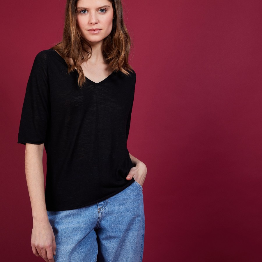 Camiseta de linho flameado com mangas cotovelo - Bonbon