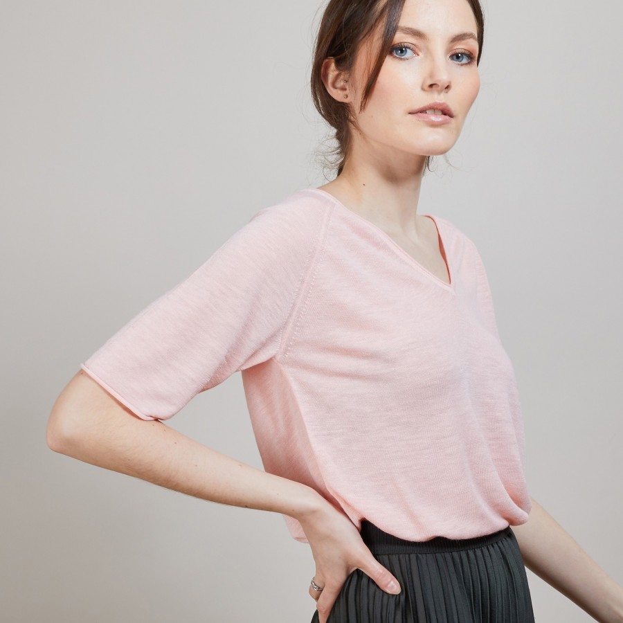 Camiseta de linho flameado com mangas cotovelo - Bonbon