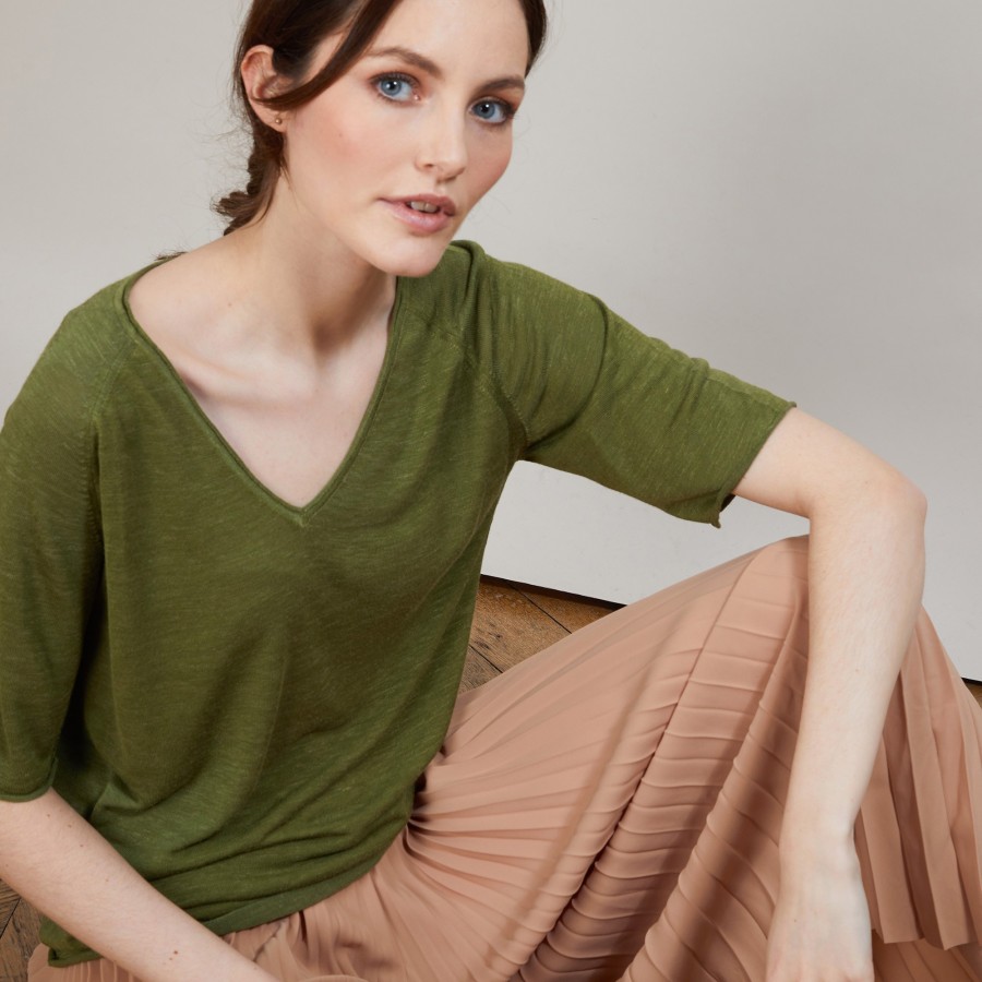 Camiseta de linho flameado com mangas cotovelo - Bonbon