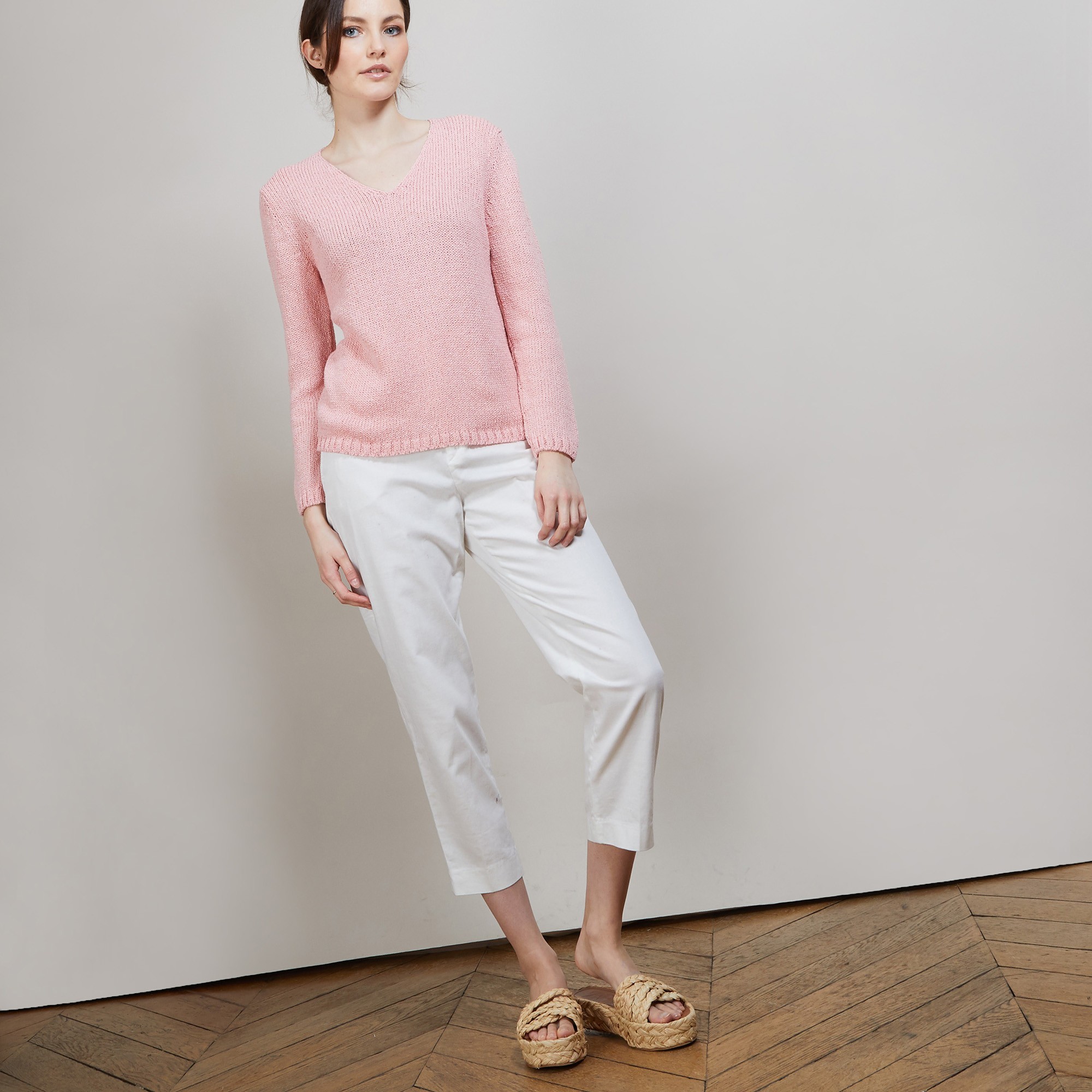 Pull col V en soie coton et laine - Blovis 6882 aubepine - 25 Rose moyen