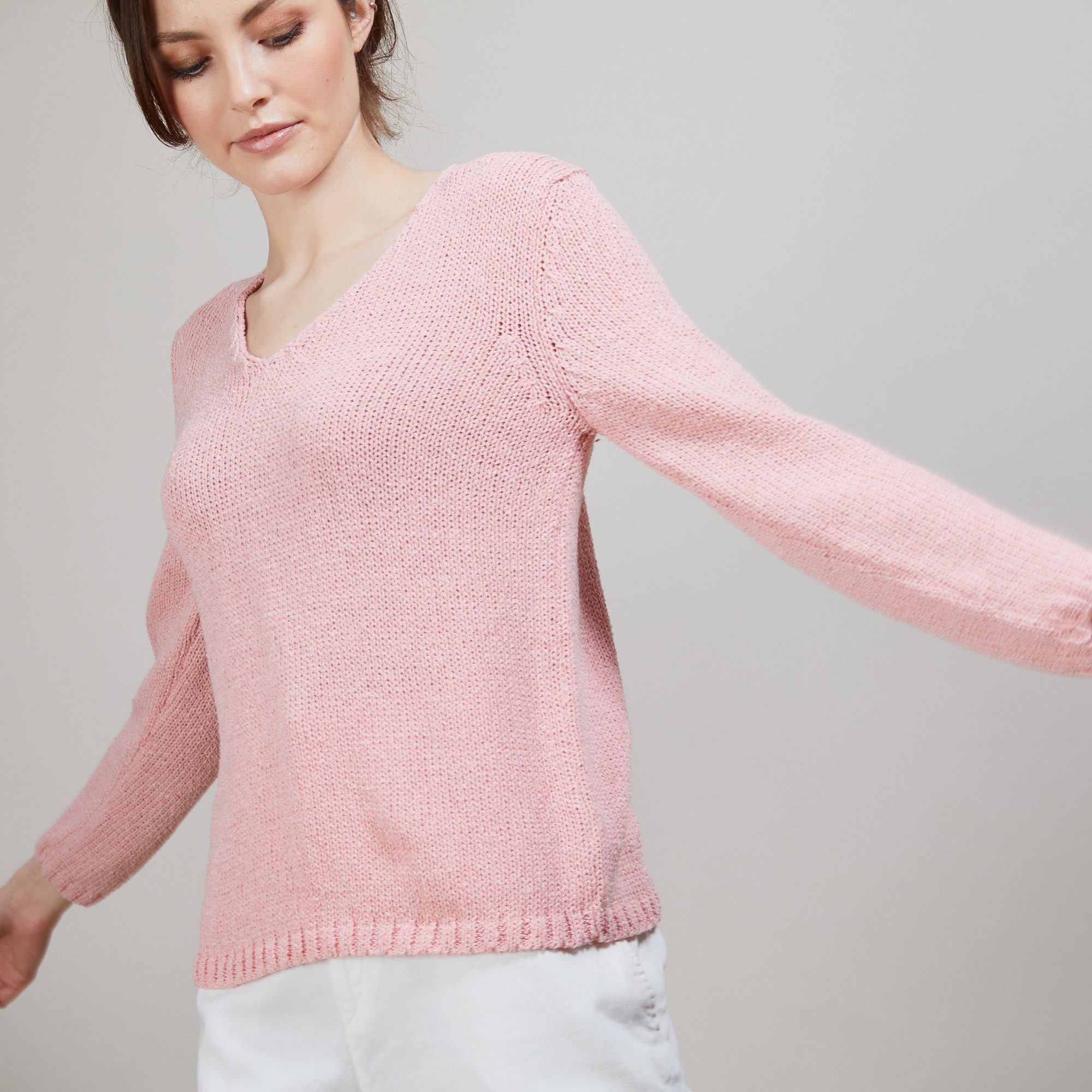 Pull col V en soie coton et laine - Blovis 6882 aubepine - 25 Rose moyen