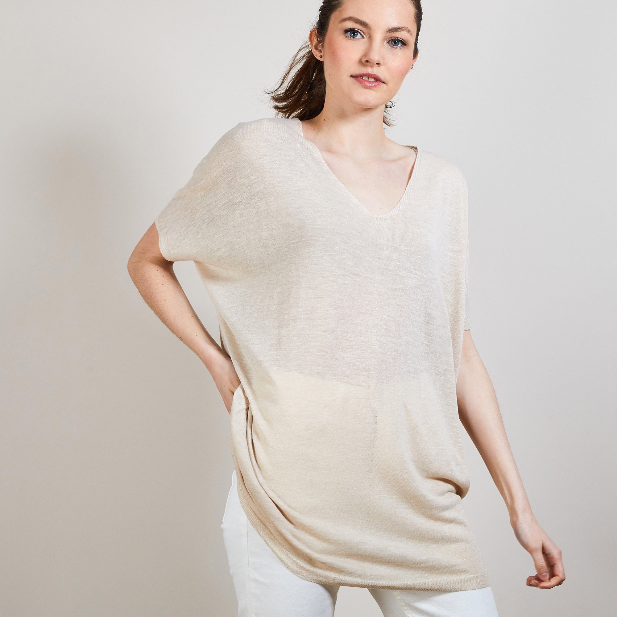 T-shirt long en lin flammé - Bil 6801 beige - 12 Beige clair