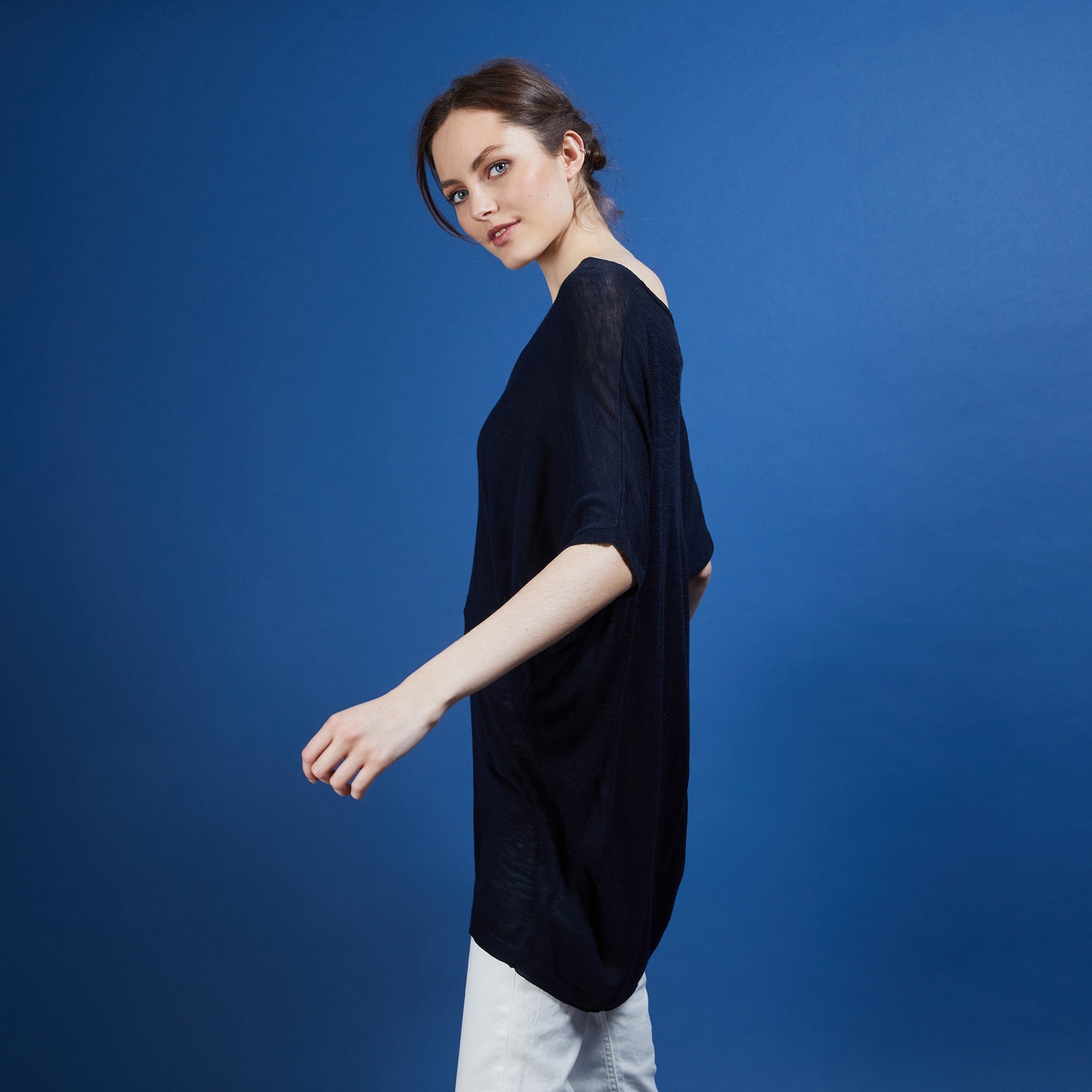 T-shirt long en lin flammé - Bil 6840 marine - 05 Bleu marine