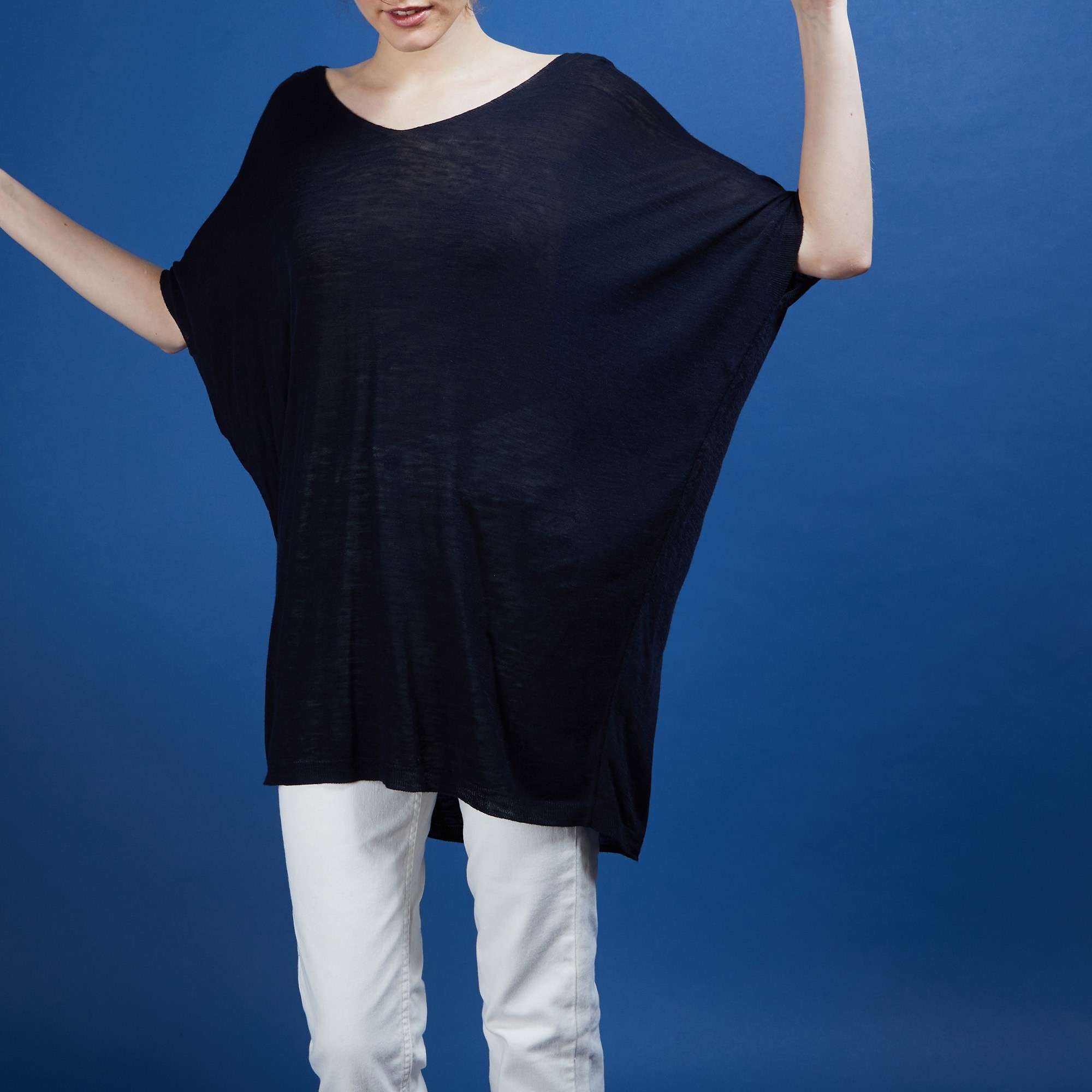 T-shirt long en lin flammé - Bil 6840 marine - 05 Bleu marine