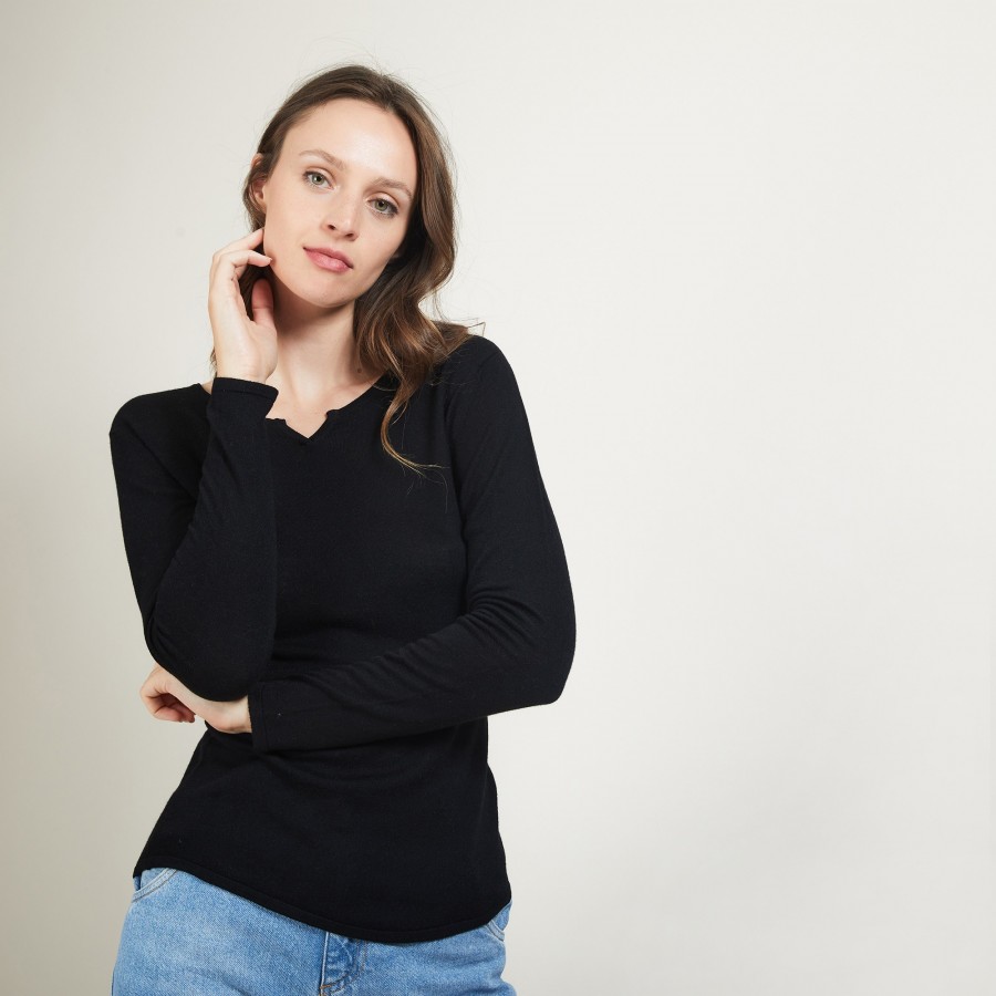 Bamboo cashmere sweater with tunisian collar - Betty