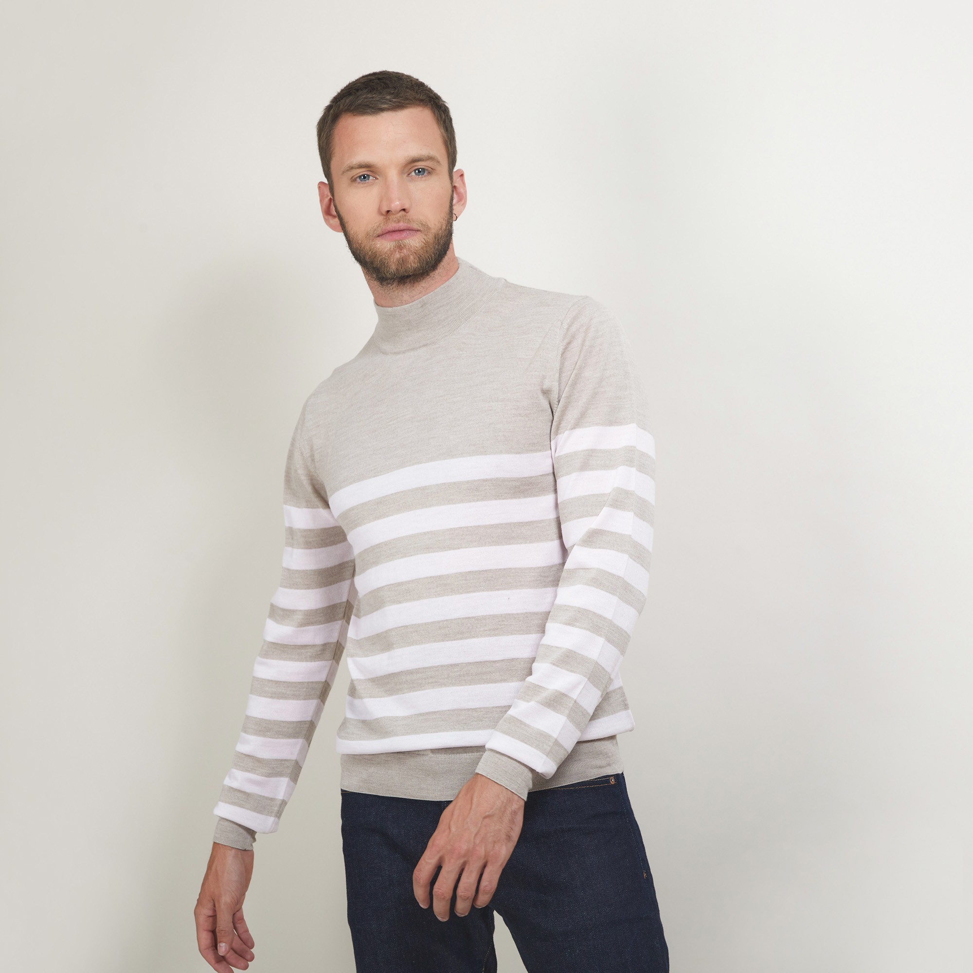 Striped wool sweater with high neck collar - Lazar