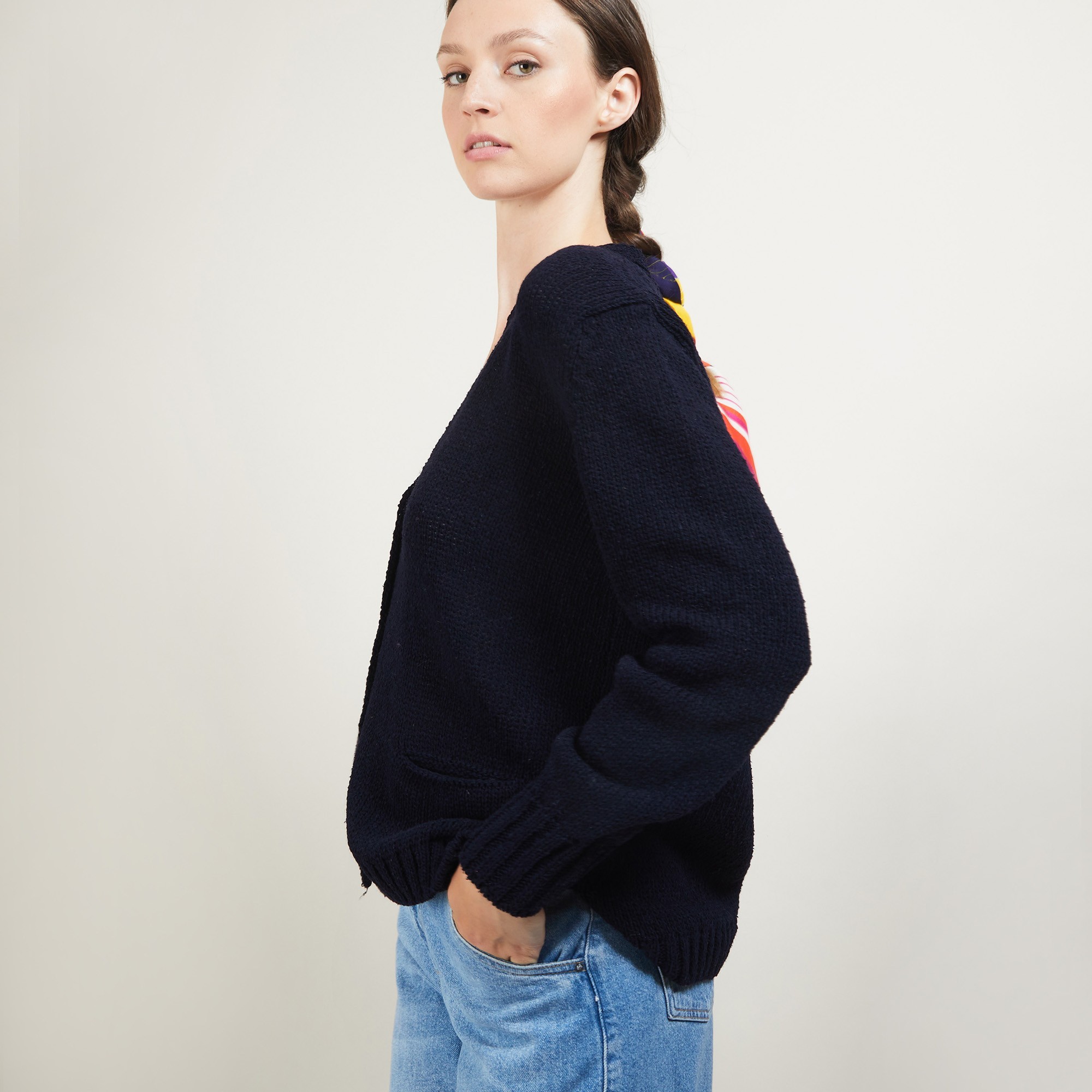 Cardigan en col V en laine et soie - Bilan 7040 marine - 05 Bleu marine