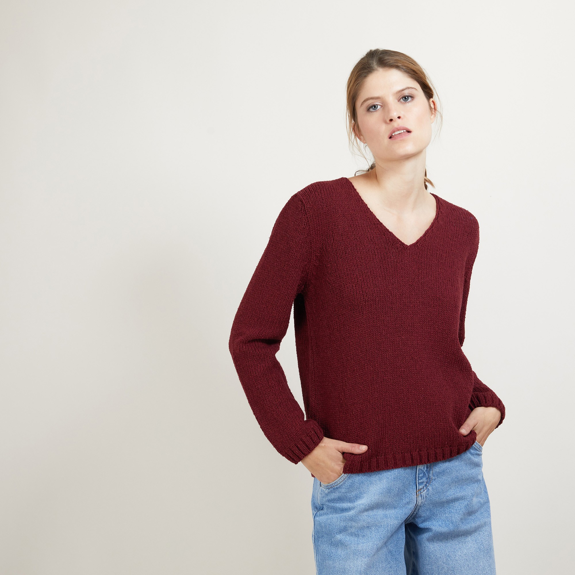 Pull col v en laine et soie - Blovis 7082 grenat - 51 Bordeaux