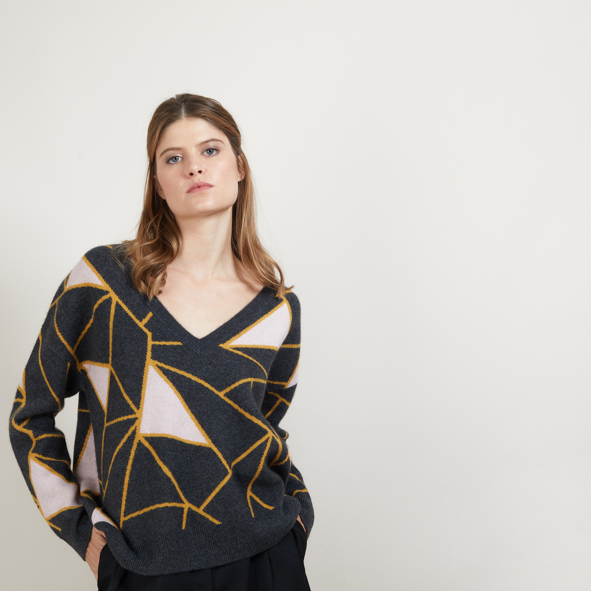 Pull à motifs géométriques en cachemire - Felix - 7103 dune/vapeur/arome - 13 Beige moyen