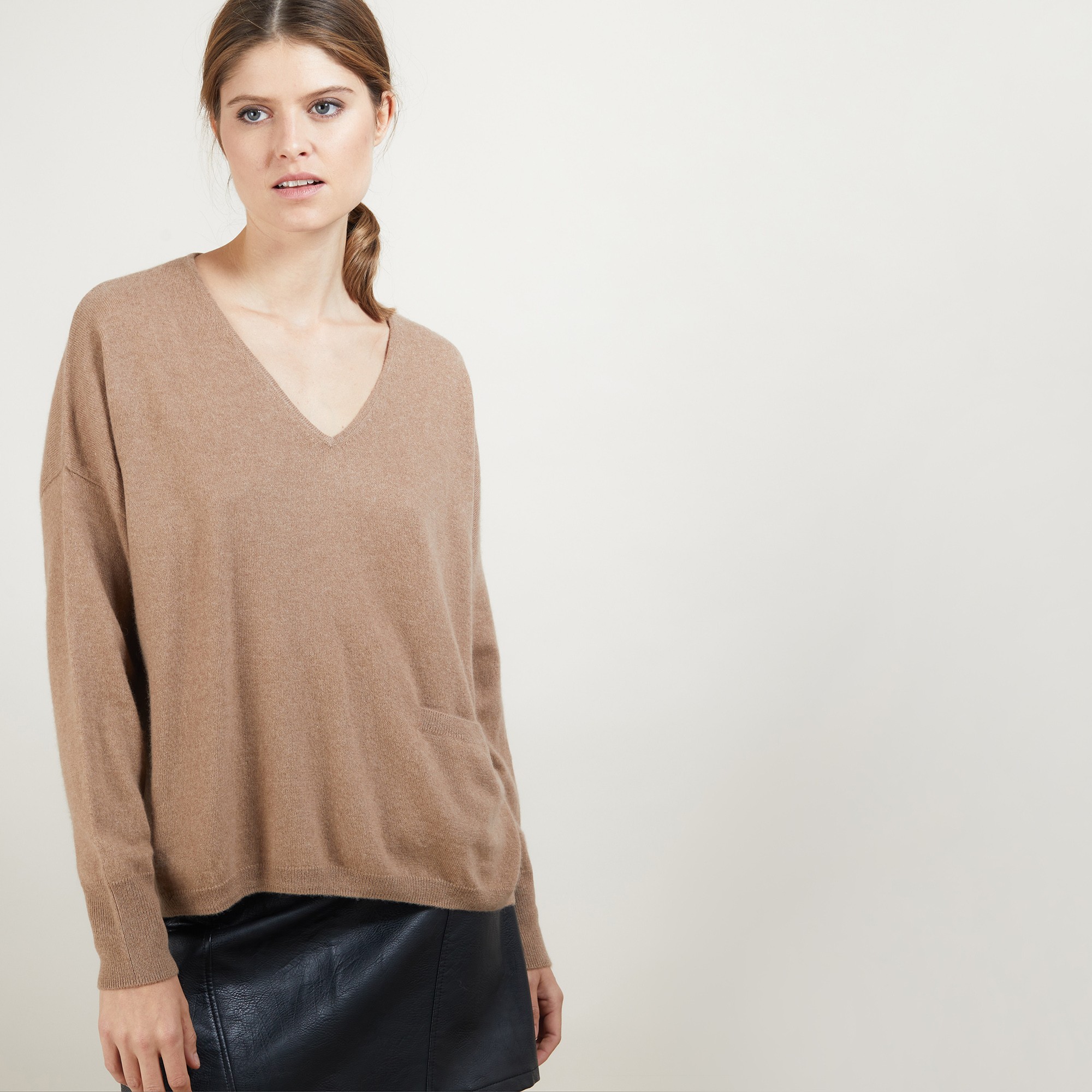 Pull court col V en cachemire - Balba 7030 desert - 46 Marron clair
