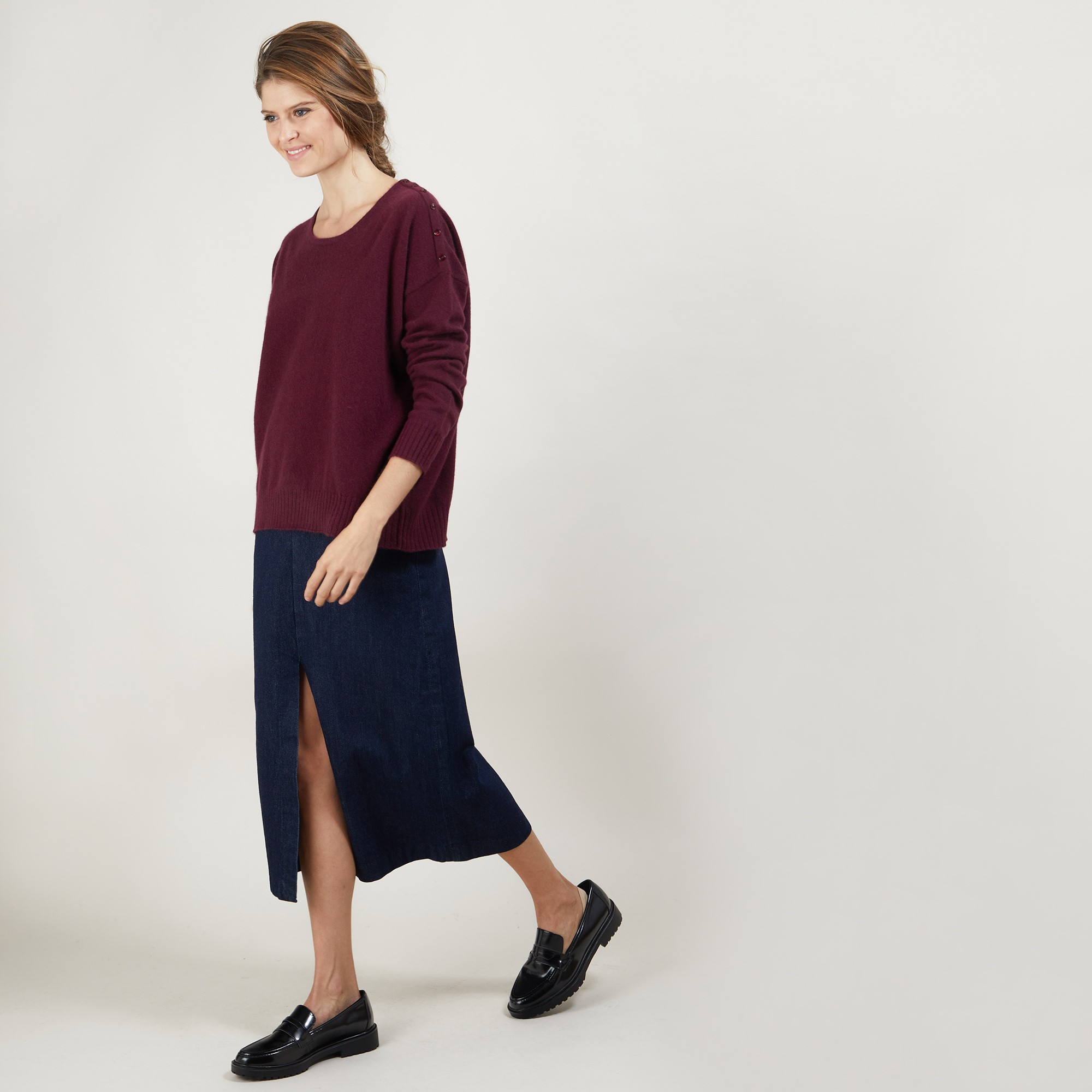 Pull ample en cachemire boutons épaule - Brook 7085 damas - 18 Violet foncé