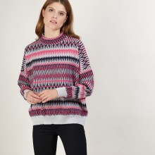 Pull motifs aztèques en  laine - Fidji 7159 marine/vapeur/pivoine 05 Bleu marine