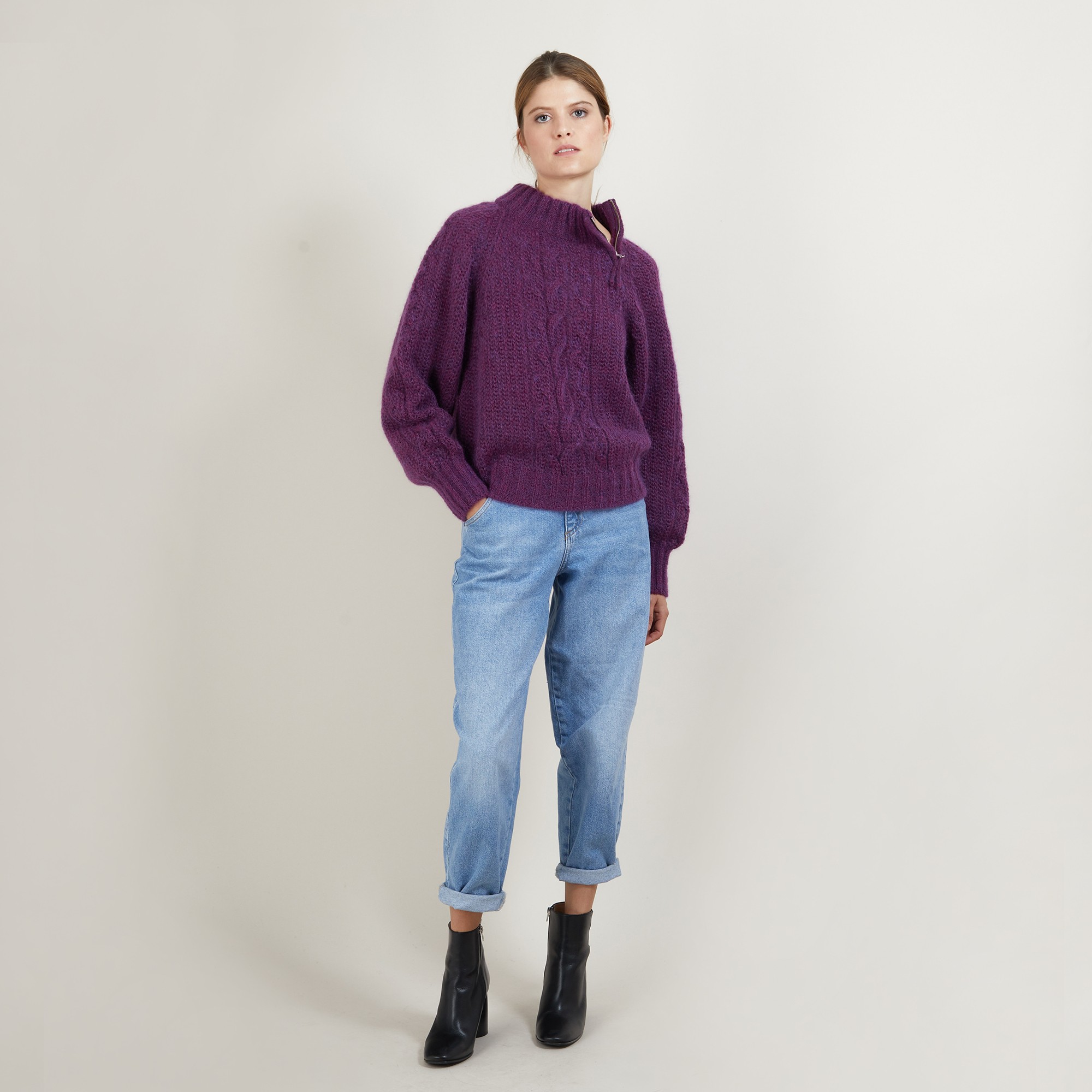 Pull col montant zippé en mohair - Gilda 7085 damas - 18 Violet foncé