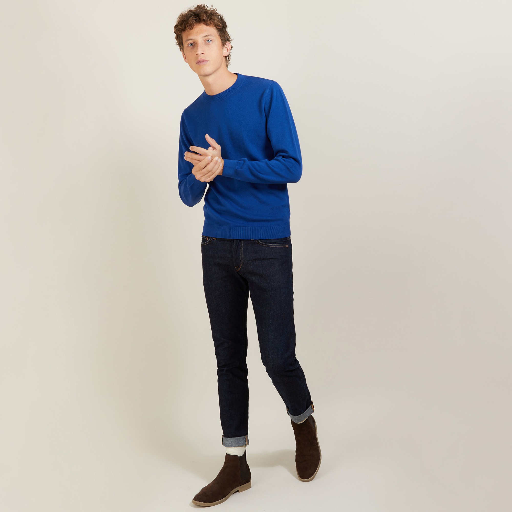 Pull col rond en coton cachemire - Burton 7042 fregate - 48 Bleu roi