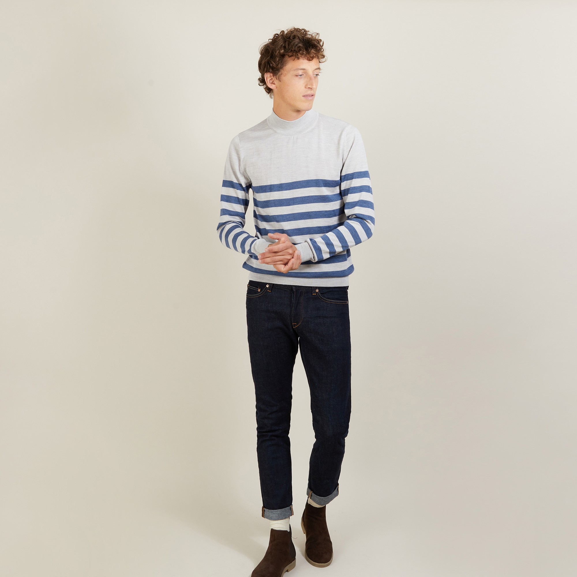 Pull rayé col montant en laine - Lazar 7158 vapeur baltique - 06 Bleu moyen